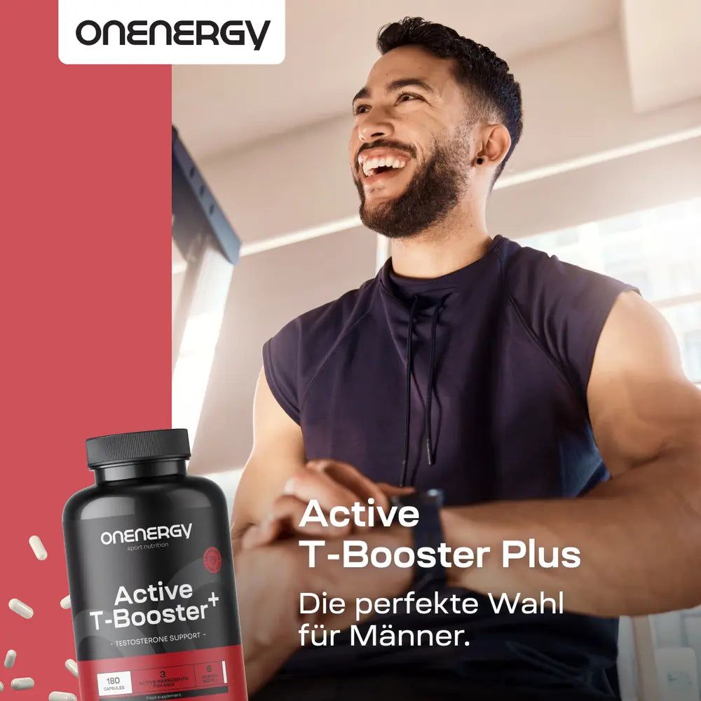 Mann mit Flasche OnEnergy Active T-Booster Plus. "Die perfekte Wahl für Männer."