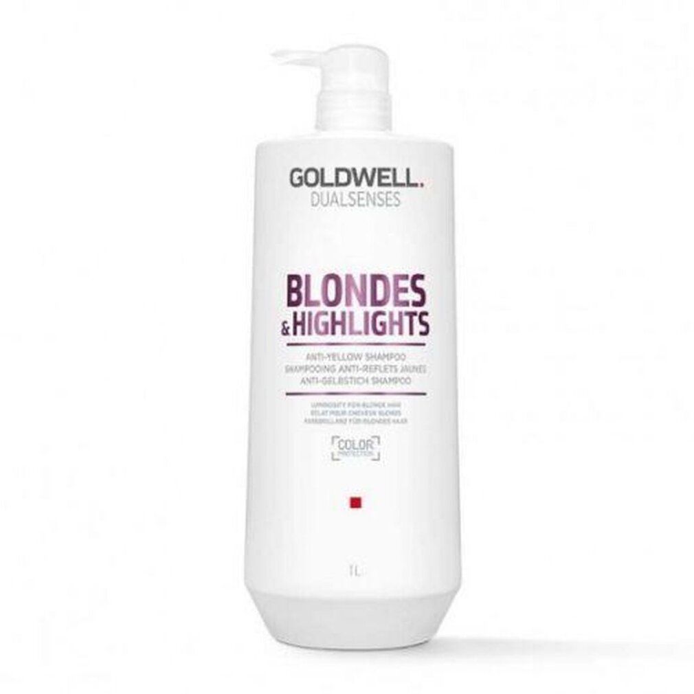Weißer Goldwell Shampoo-Behälter mit Pumpe. Aufschrift: Blondes & Highlights, Anti-Gelbstich Shampoo. 1L.