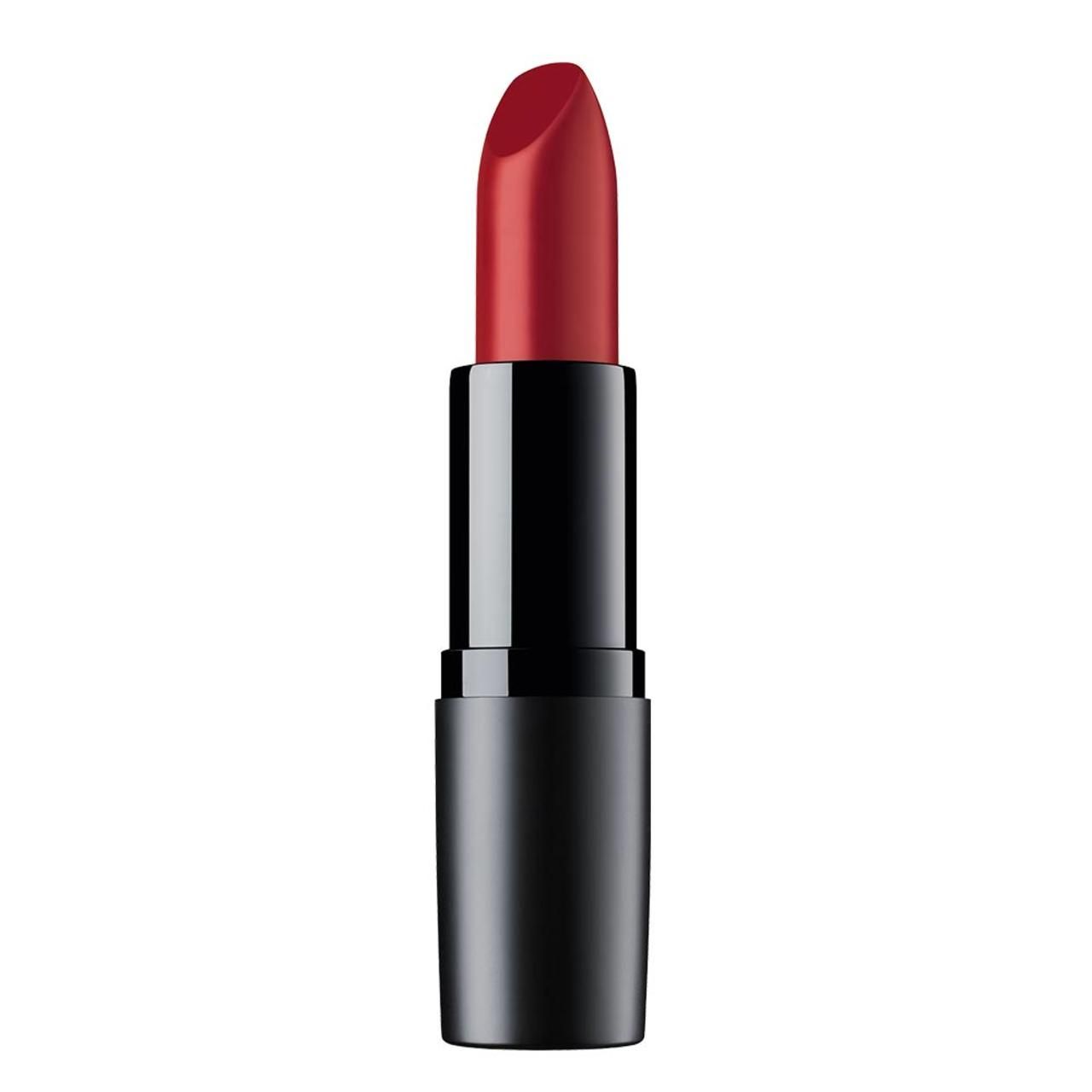 Roter Lippenstift in schwarzer Hülse. Spitze des Lippenstifts sichtbar.