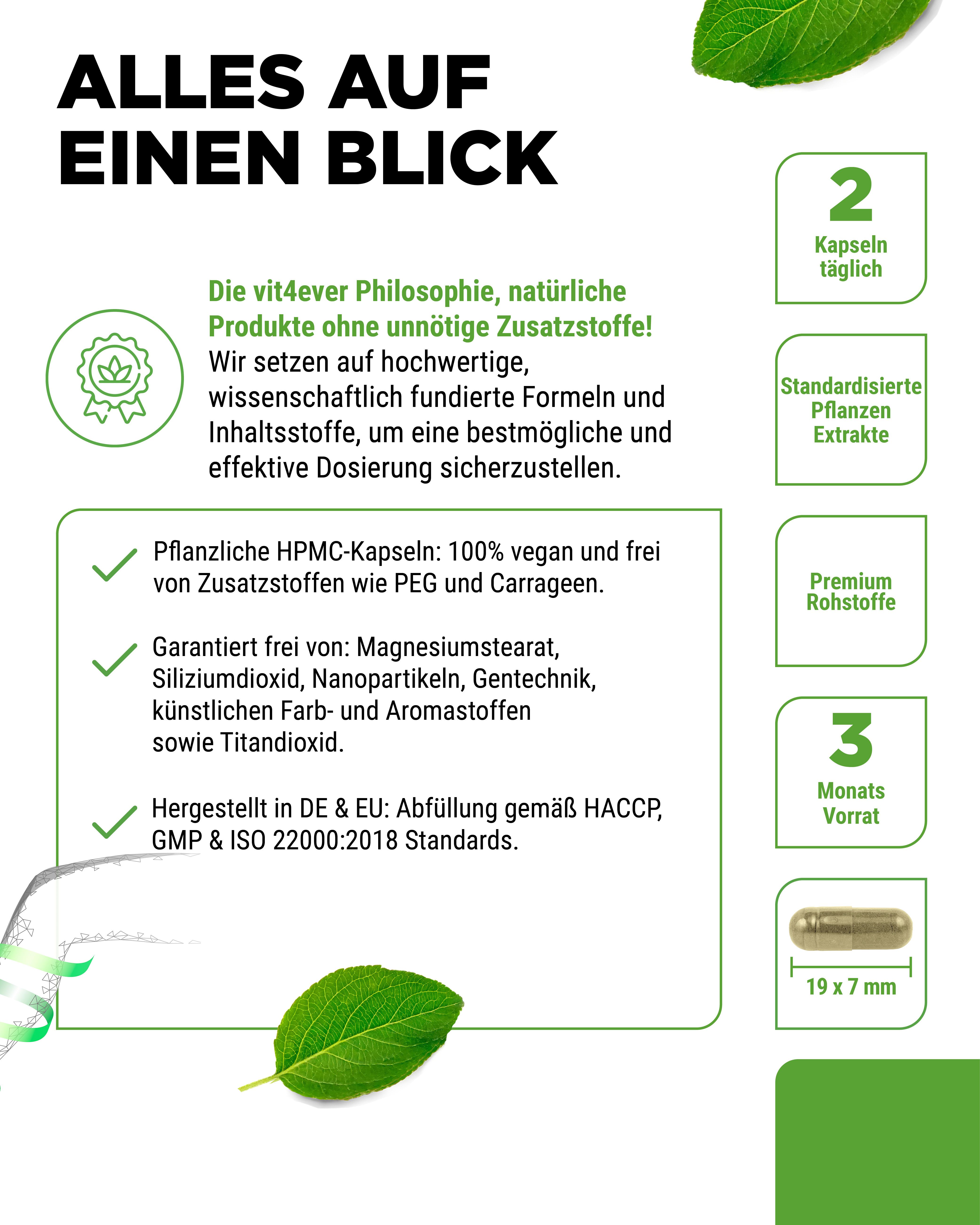 Weißes Pillenbehälter mit grünem Deckel. Aufschrift: Venen Komplex. 180 Kapseln. Text: Alles auf einen Blick.