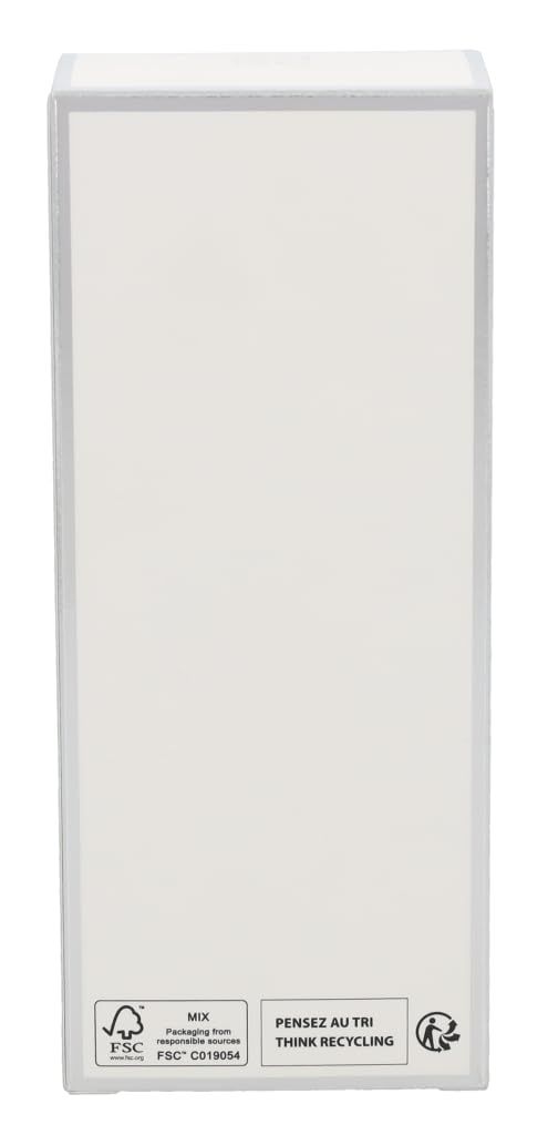 Rückseite der weißen Verpackung. FSC-Logo, Text: MIX Verpackung aus verantwortungsvollen Quellen. Text: Pensez au tri, Think Recycling.