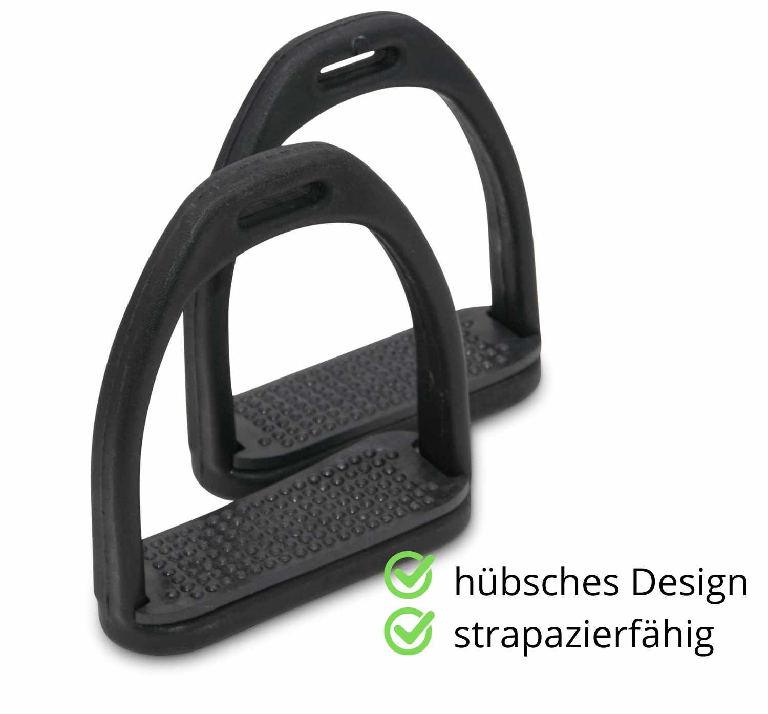 Zwei schwarze Steigbügel. Rechteckige Trittfläche mit gerundetem Bügel. Text: hübsches Design, strapazierfähig.