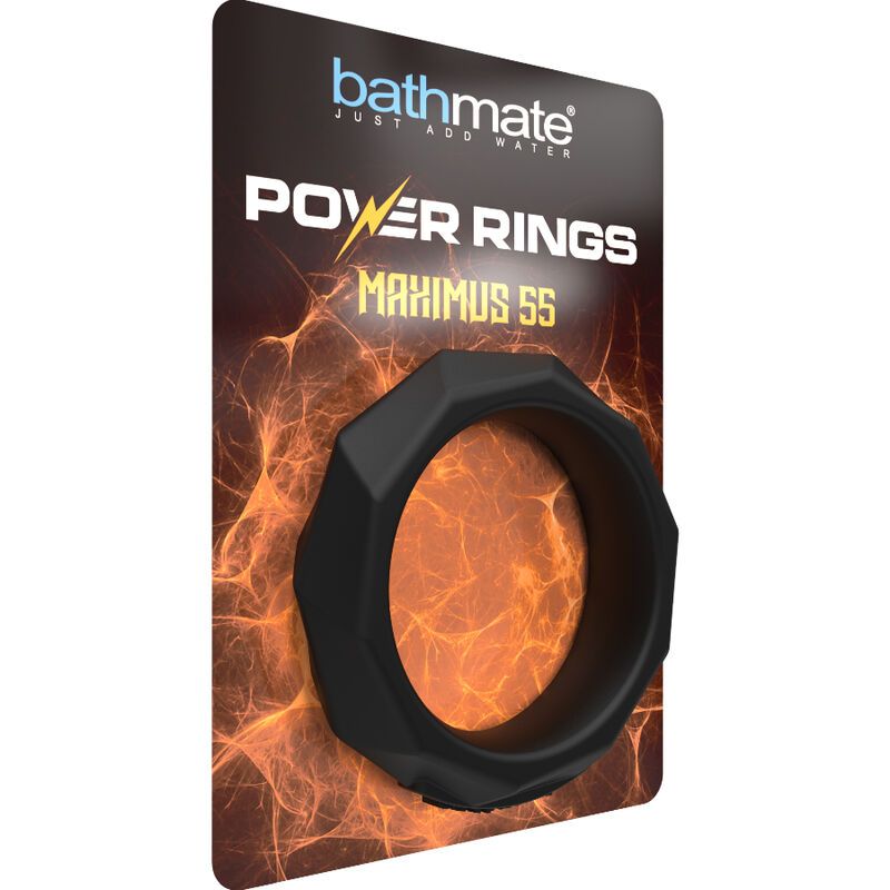 Verpackung mit schwarzem Ring. Aufschrift: Bathmate, Power Rings Maximus 55. Hintergrund: orangefarbene Flammen.