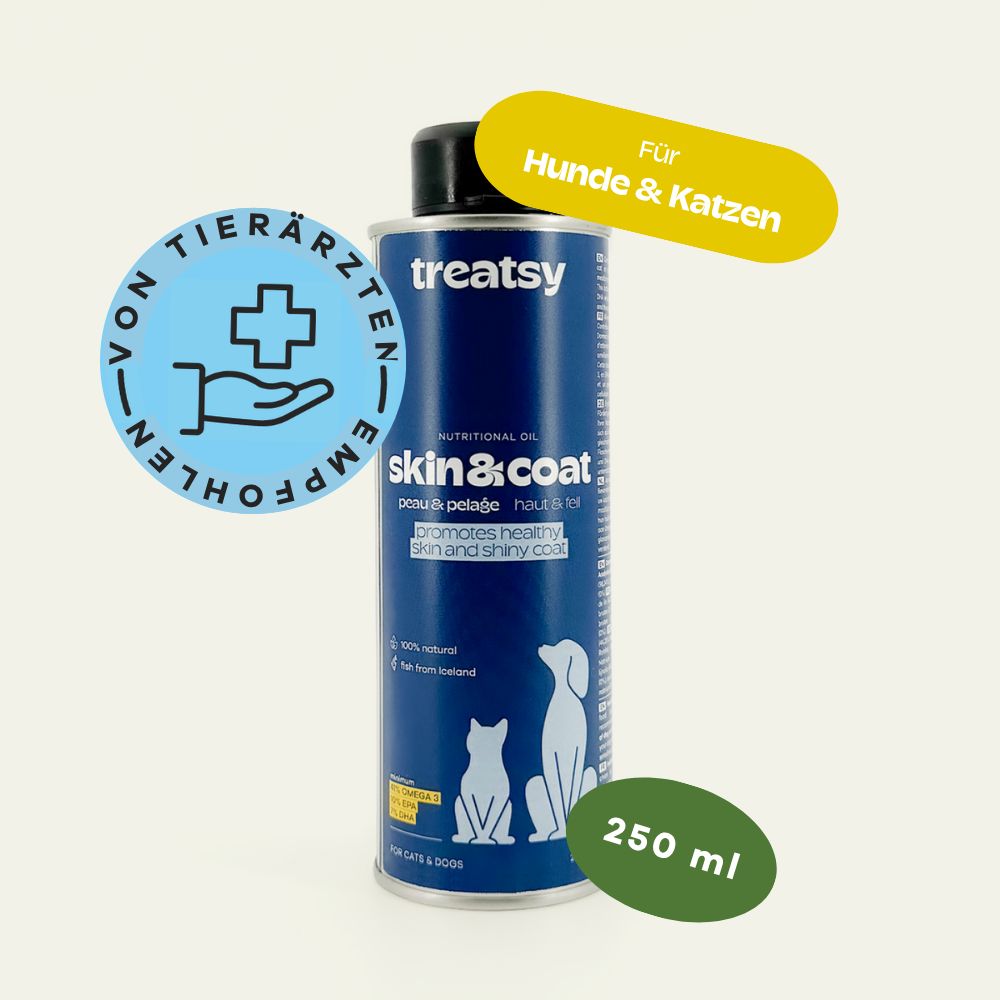 Blaue Dose mit schwarzem Deckel. Aufschrift: Treatsy, Skin & Coat. Text: Für Hunde & Katzen. 250 ml.