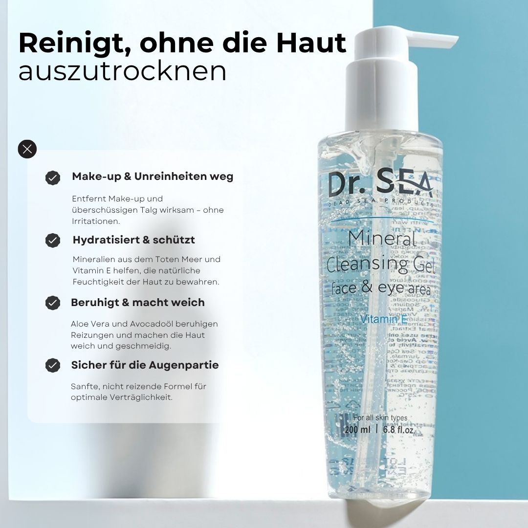 Produktflasche mit Text. Text: Reinigt, ohne die Haut auszutrocknen. Dr. Sea, Mineral Cleansing Gel, Face & eye area, Vitamin E.