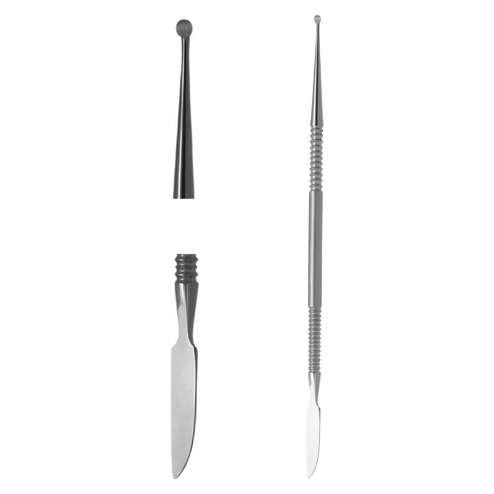 Sonde und Nagelfalzmesser aus Metall, zerlegt dargestellt. Ein Ende spitz, das andere rund. Geriffelte Griffe.