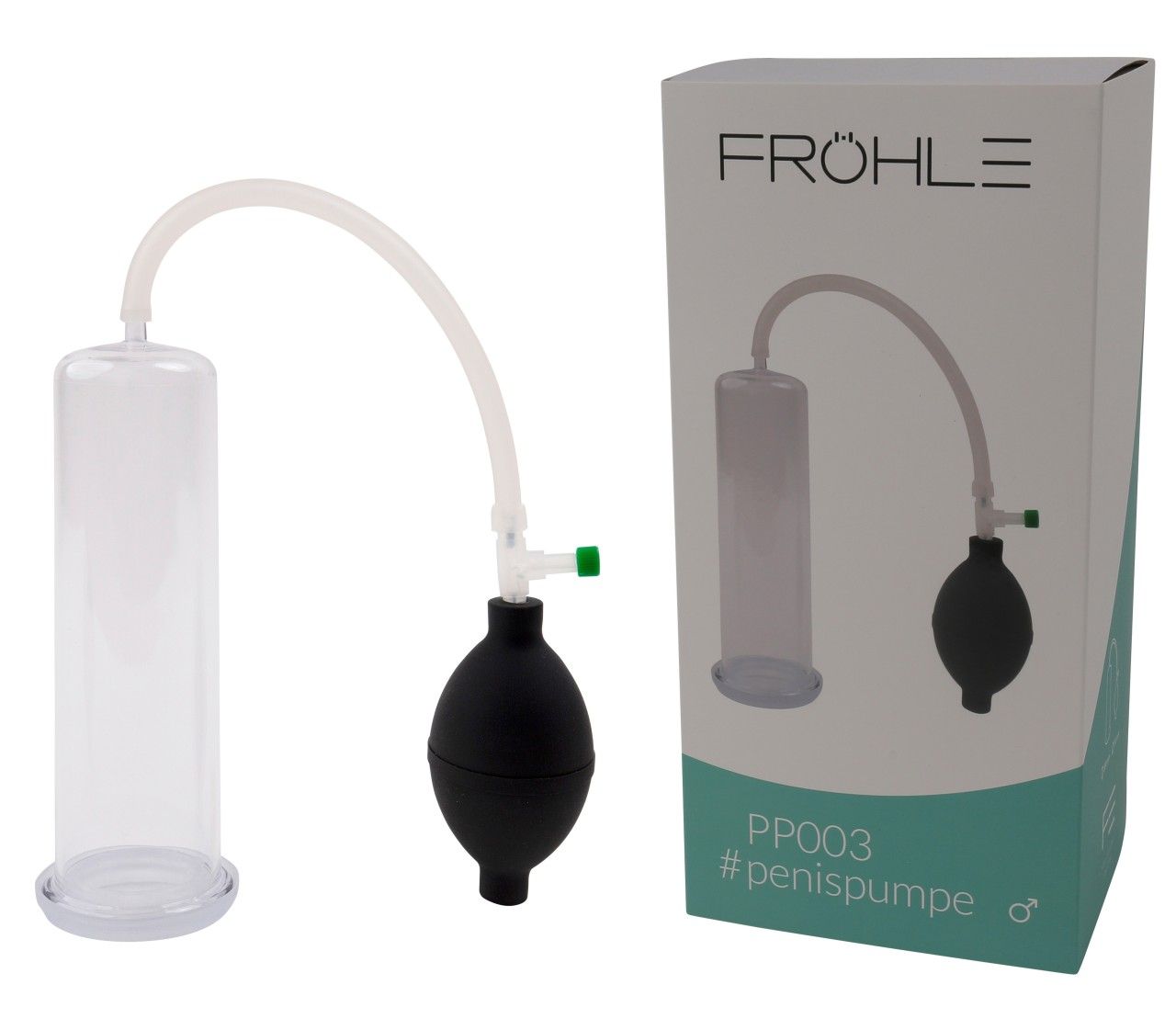 Penispumpe mit transparentem Zylinder, schwarzem Gummiball und Schlauch.