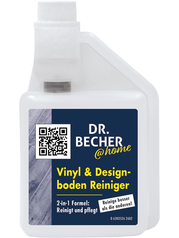 Weiße Flasche mit blauem Etikett. Aufschrift: DR. BECHER @home Vinyl & Designboden Reiniger. 2-in-1 Formel. QR-Code.