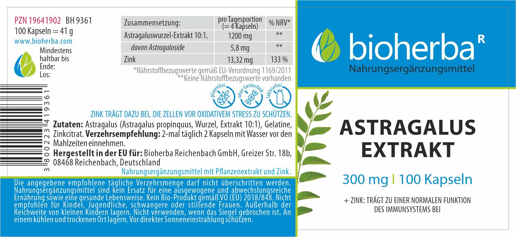 Etikett mit Produktinformationen. Enthält Angaben zu Inhaltsstoffen, Nährwerten und Hersteller. Produktname: Astragalus Extrakt.