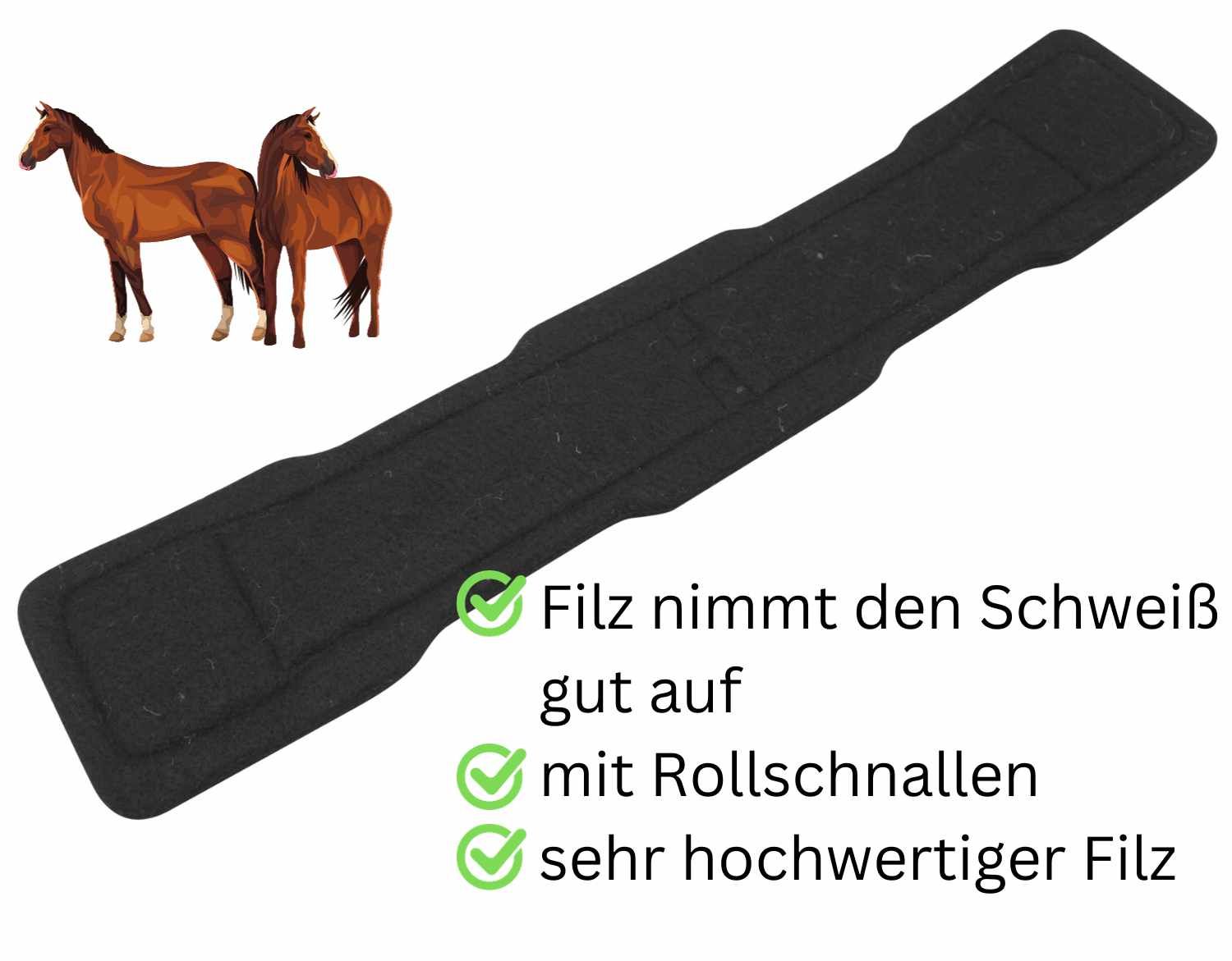 Schwarzer Dressurgurt. Text: Filz nimmt den Schweiß gut auf, mit Rollschnallen, sehr hochwertiger Filz.
