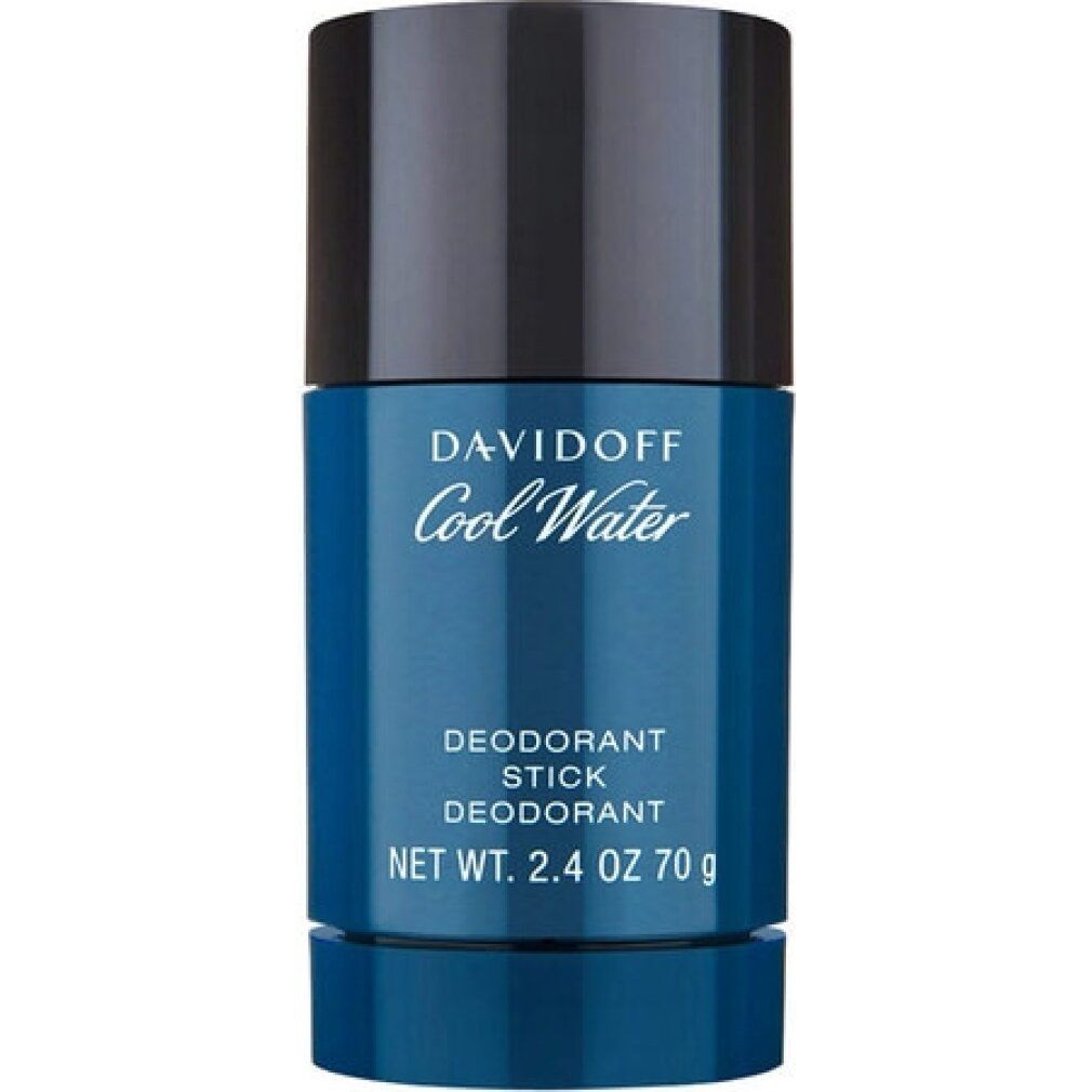 Davidoff Cool Water Deodorant Stick. Zylindrisch, blau und schwarz. Produktname, Art und Nettogewicht sind sichtbar.