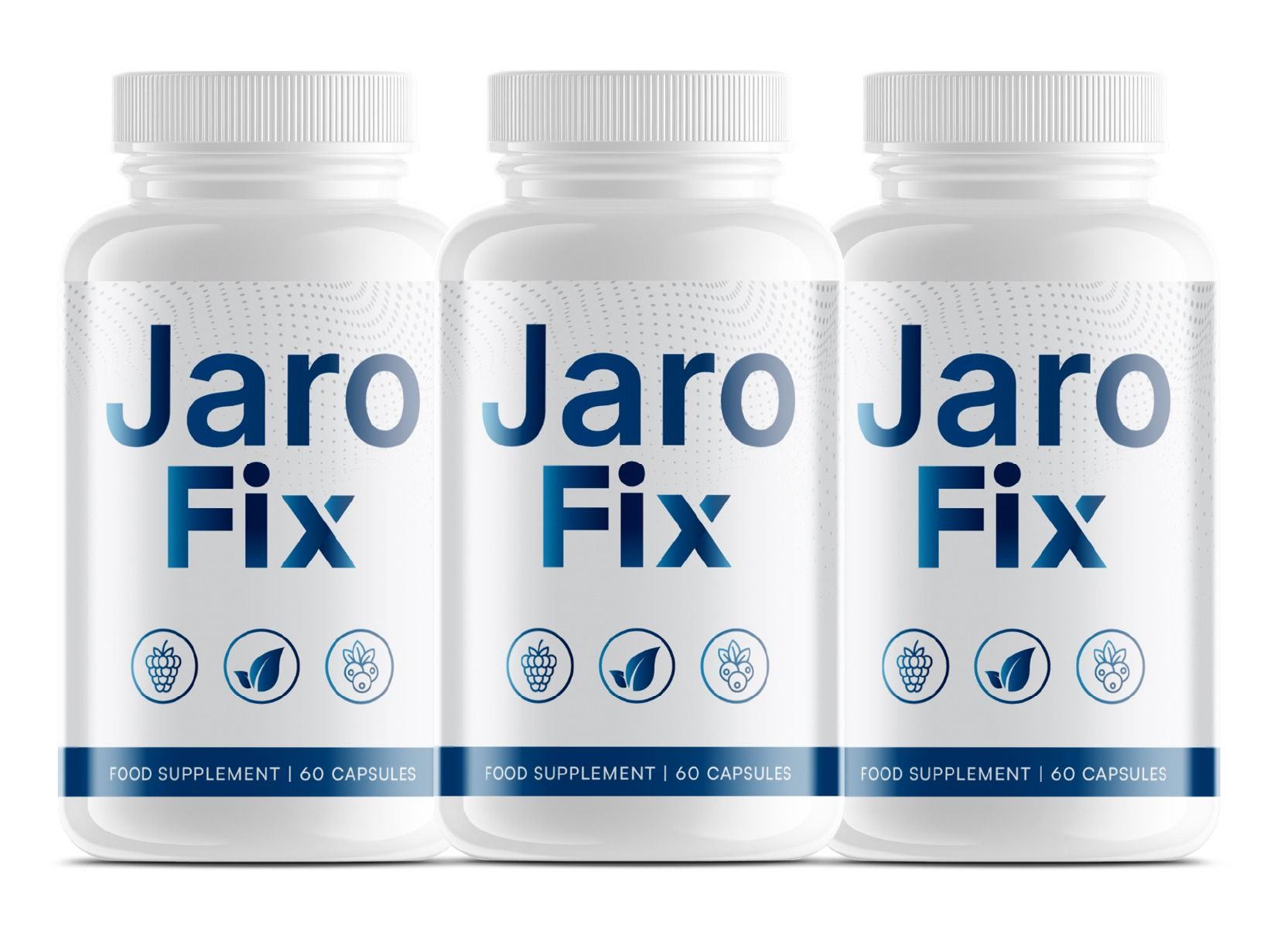 Drei weiße Flaschen mit JaroFix Kapseln, jeweils 60 Stück. Lebensmittelergänzung.