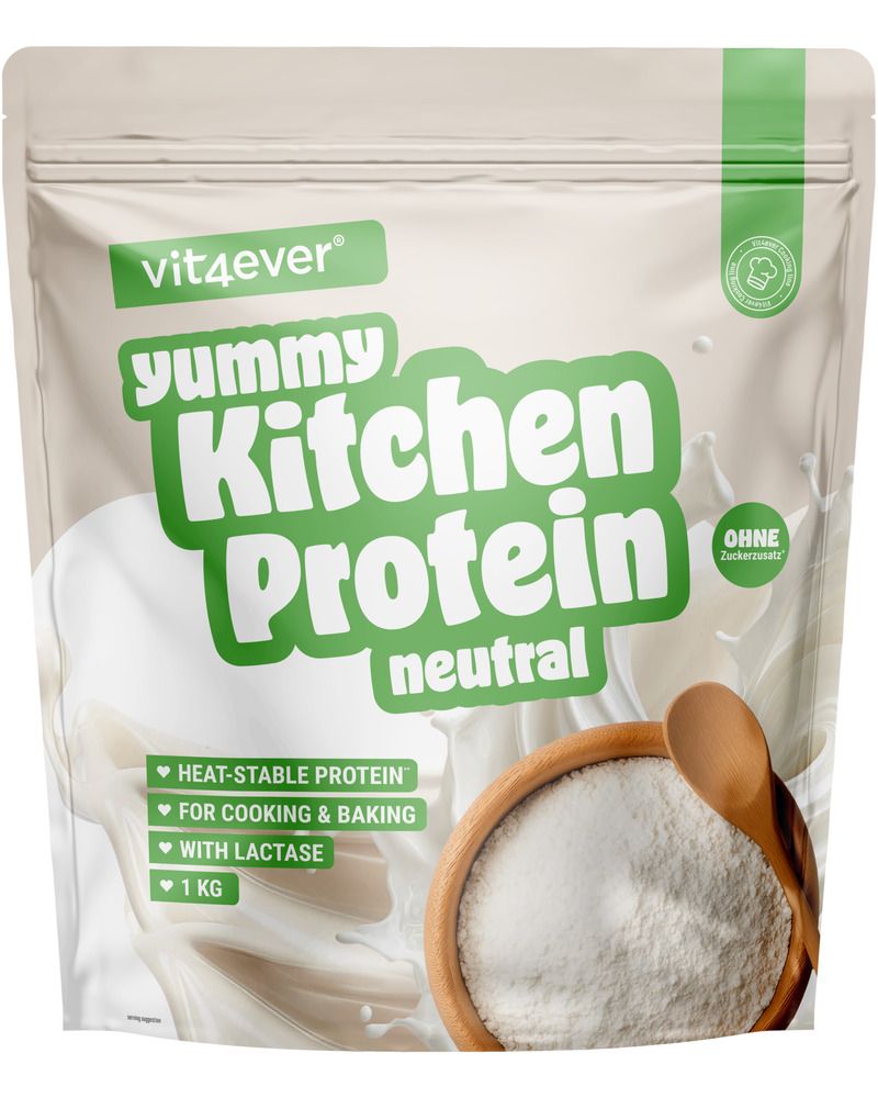 Beutel "vit4ever Yummy Kitchen Protein neutral". Enthält Heat-stable Protein, für Kochen & Backen, mit Laktase. 1 KG.