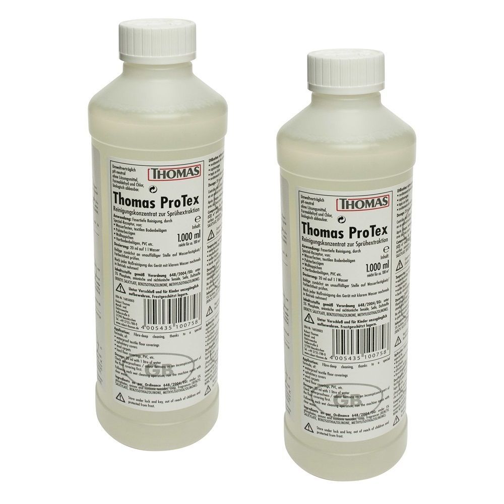 Zwei Flaschen mit weißem Deckel. Aufschrift: Thomas ProTex Reinigungskonzentrat. Etikett mit Produktinformationen. 1000 ml.