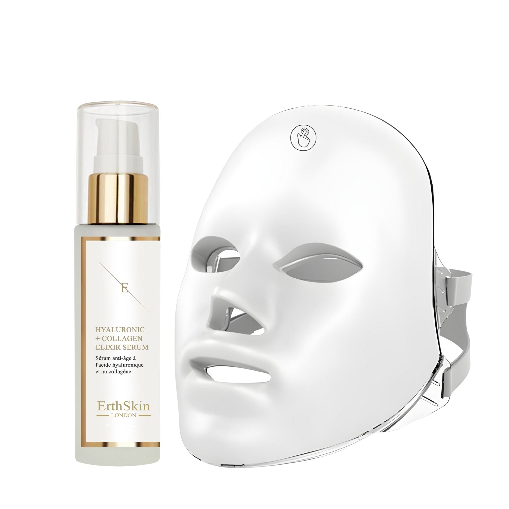 Weisse LED-Gesichtsmaske und Serumflasche. Aufschrift: ErthSkin London. Hyaluronic + Collagen Elixir Serum.