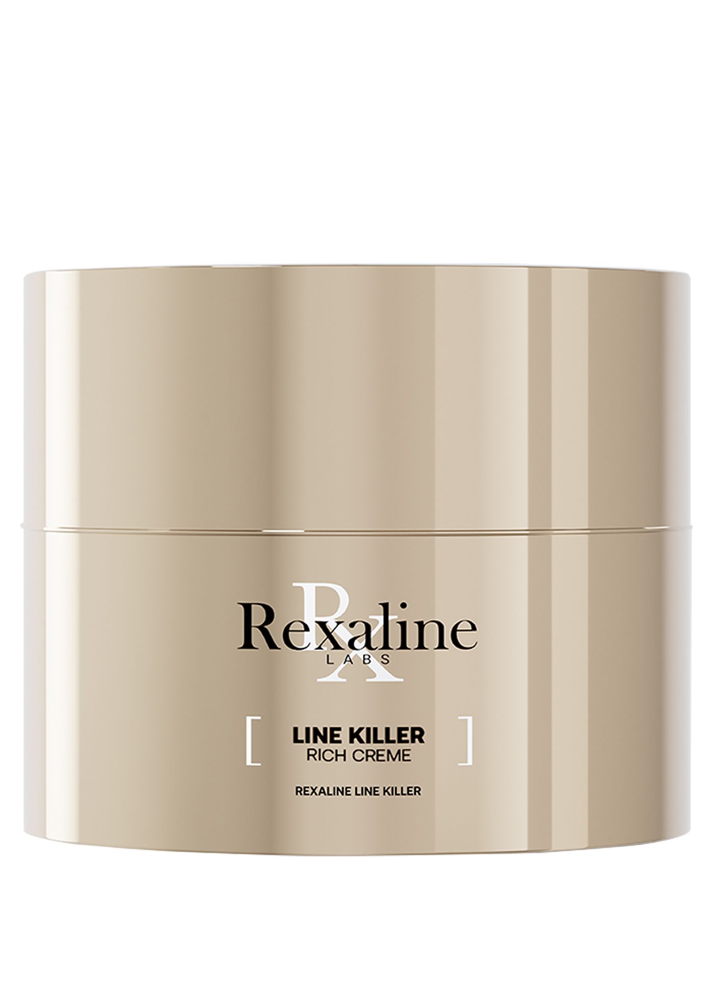 Beige Creme-Tiegel mit schwarzer Schrift: Rexaline Labs, Line Killer Rich Creme. Deckel und Tiegel glänzend.
