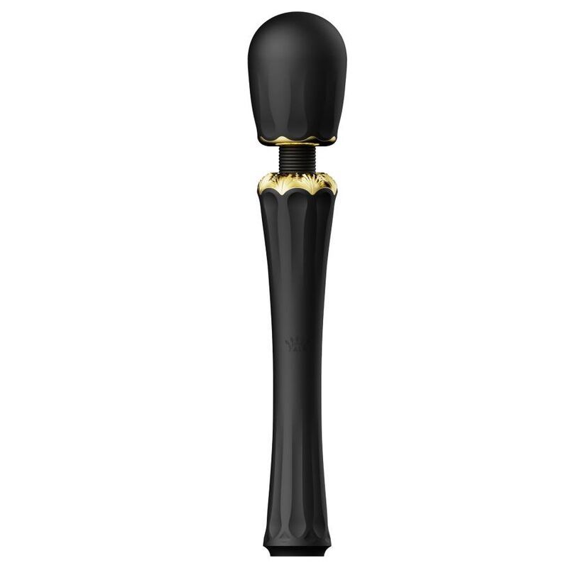 Schwarzer Stabvibrator mit geriffeltem Griff und goldener Halskrause.