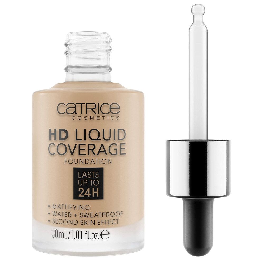 Foundation-Fläschchen mit Pipette. Aufschrift: HD Liquid Coverage Foundation. Enthält 30 ml. Mattierend, wasserfest, 24h Haltbarkeit.