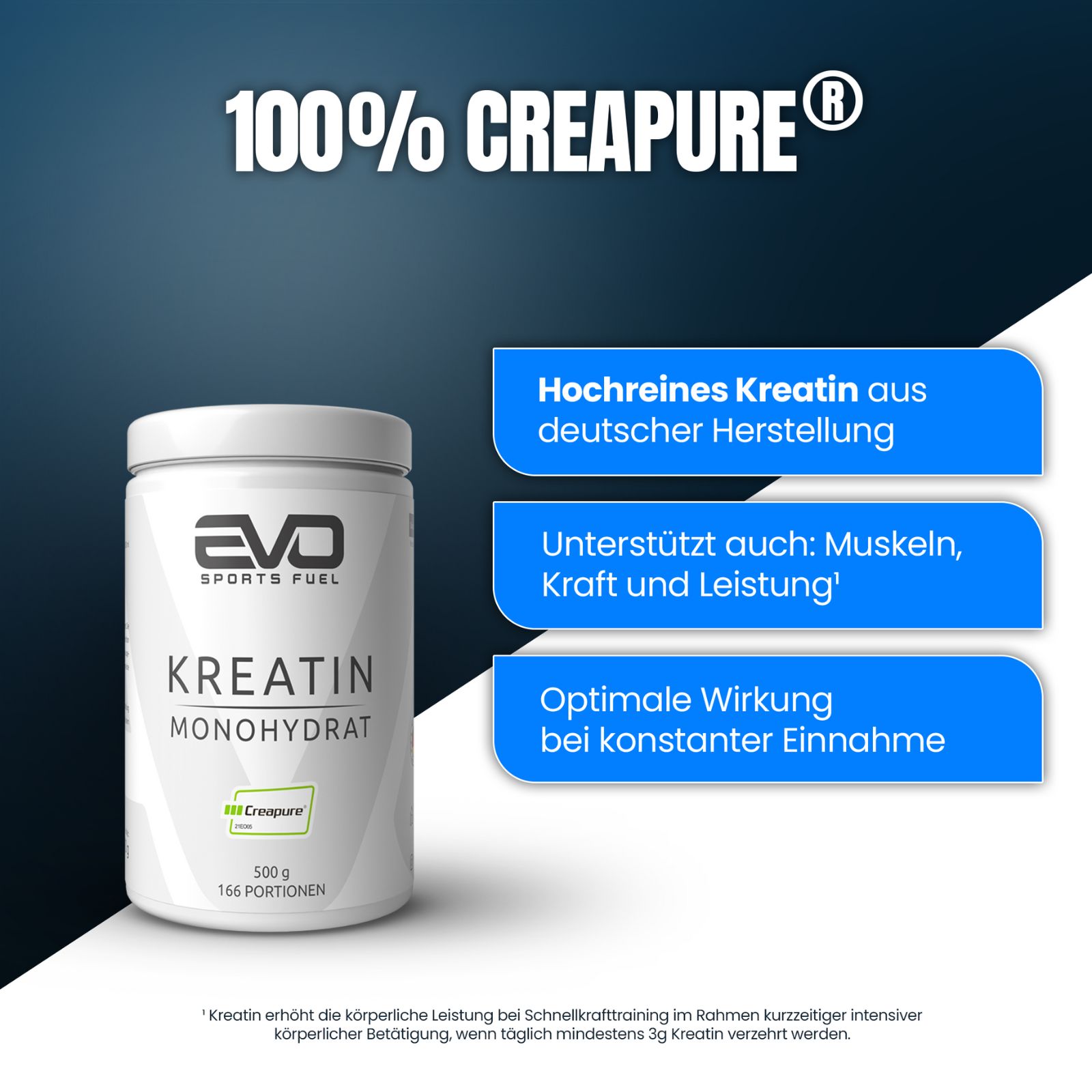 EVO Kreatin Monohydrat Creapure® Dose mit Hinweisen zu Herstellung und Wirkung.
