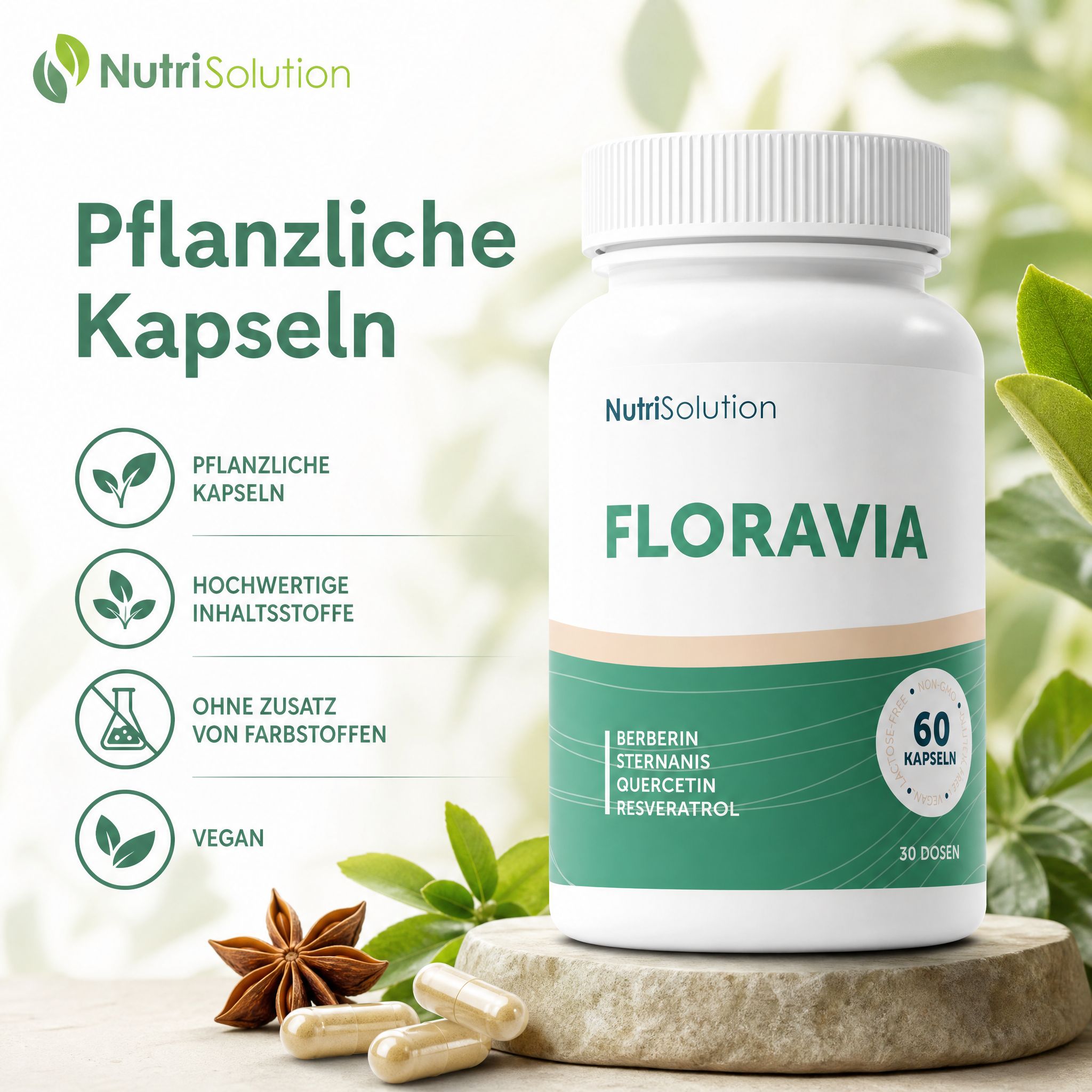 NutriSolution Floravia: Pflanzliche Kapseln, hochwertige Inhaltsstoffe, ohne Farbstoffe, vegan.
