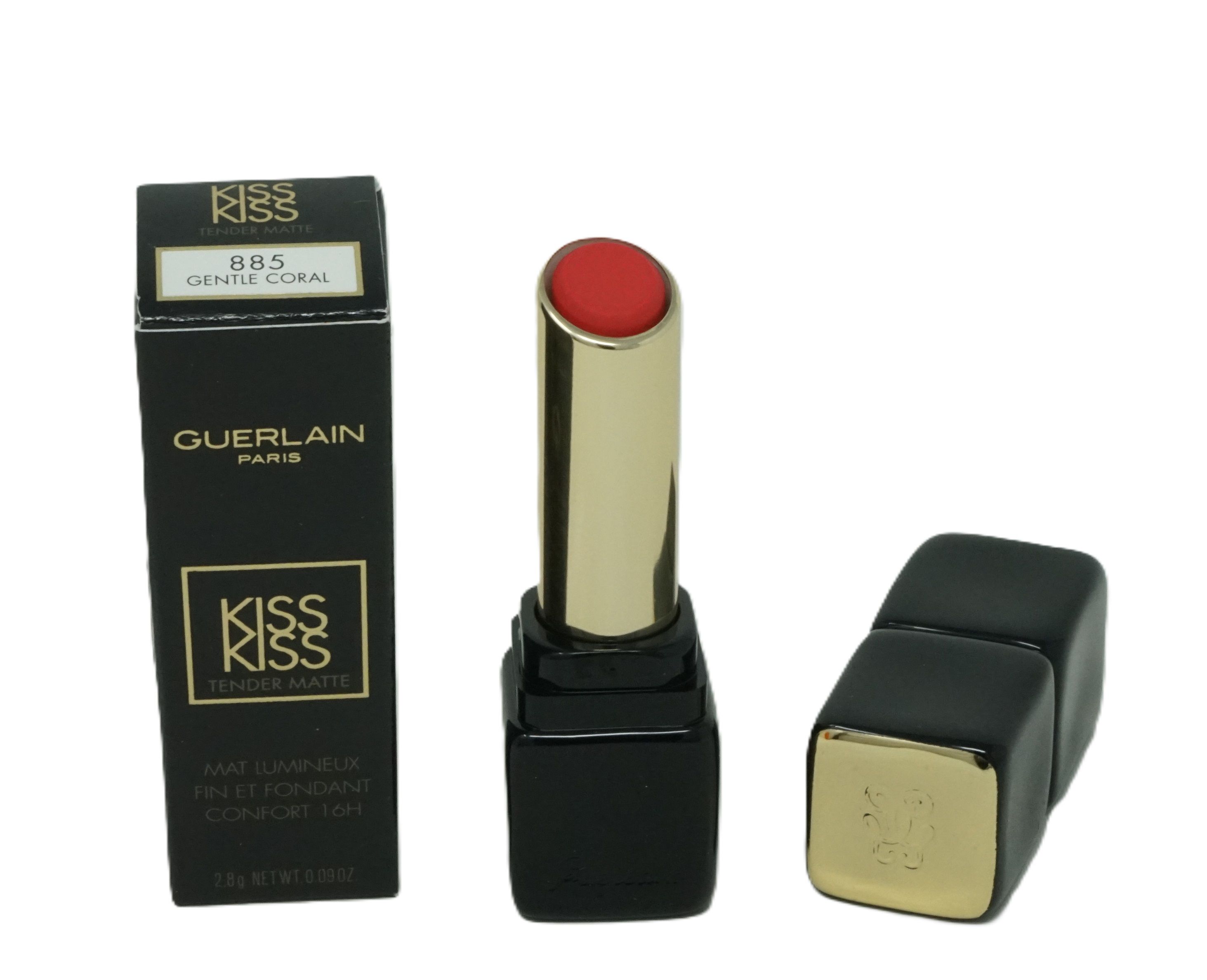 Roter Lippenstift mit goldfarbener Hülse und schwarzer Verpackung. Auf der Verpackung steht "KISSKISS" und "GUERLAIN PARIS".