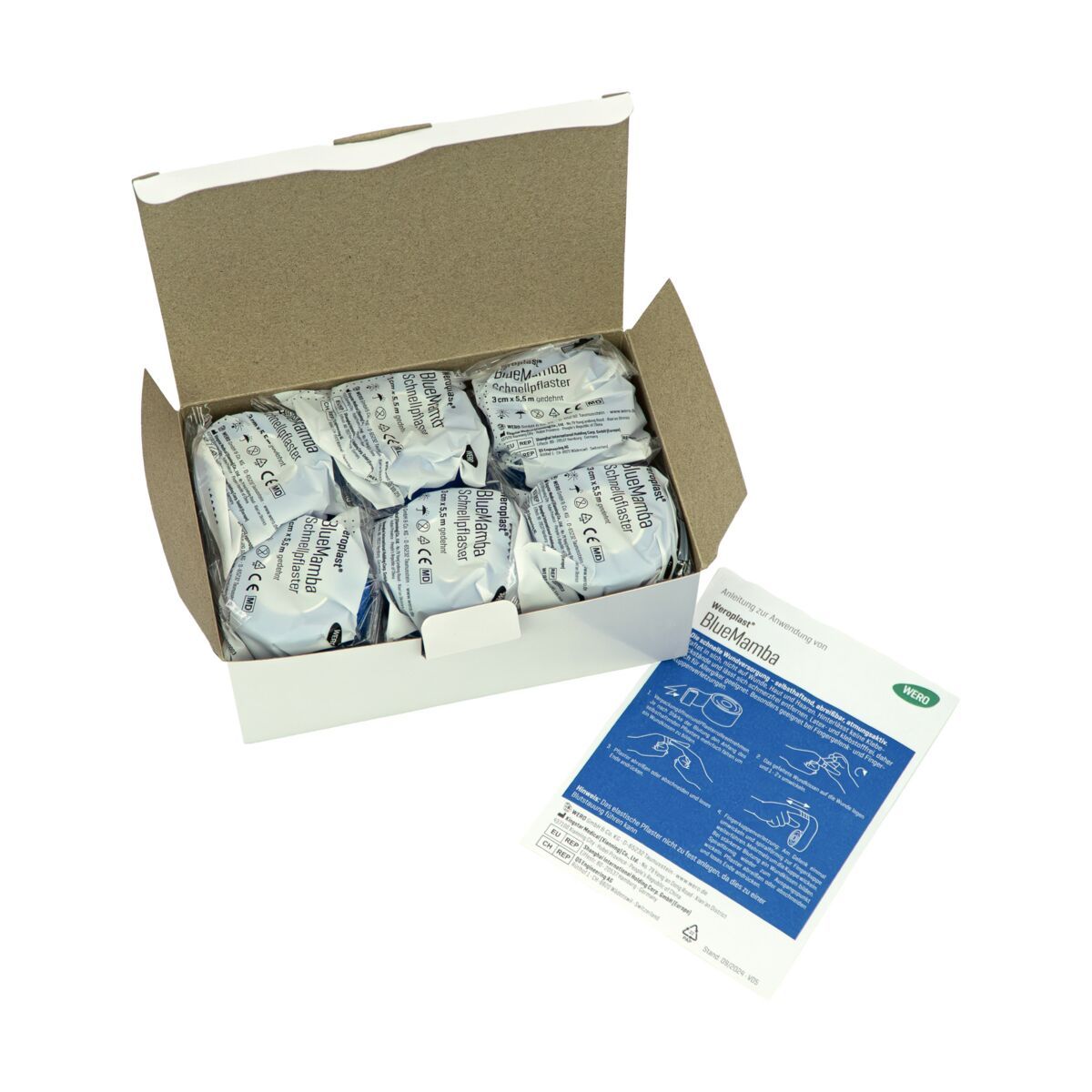 Geöffnete Schachtel mit einzeln verpackten Schnellpflastern. Bedienungsanleitung liegt daneben. Produktname und Logo sichtbar.