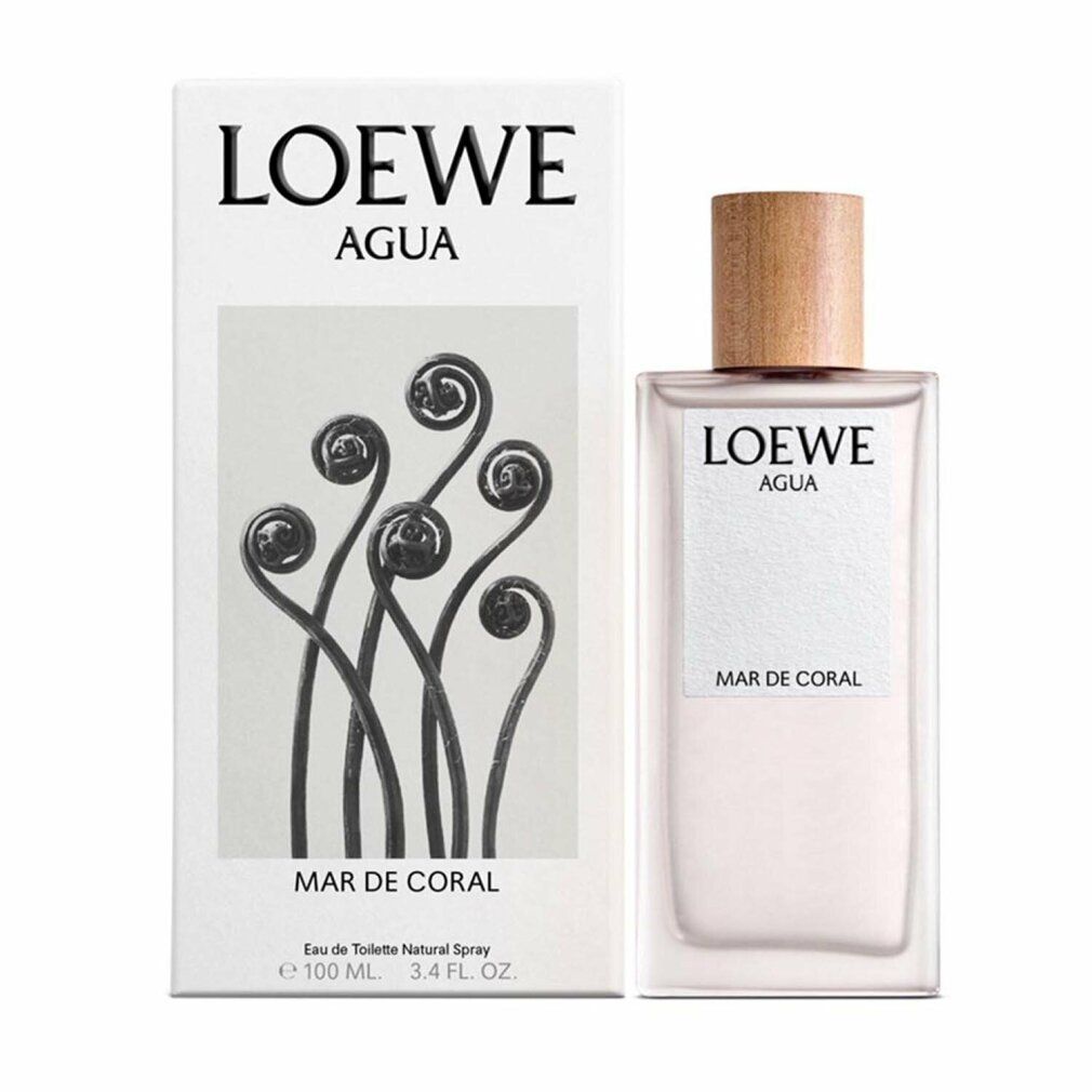 Flasche und Verpackung. Auf der Verpackung steht LOEWE AGUA MAR DE CORAL. Flasche mit Holzverschluss.