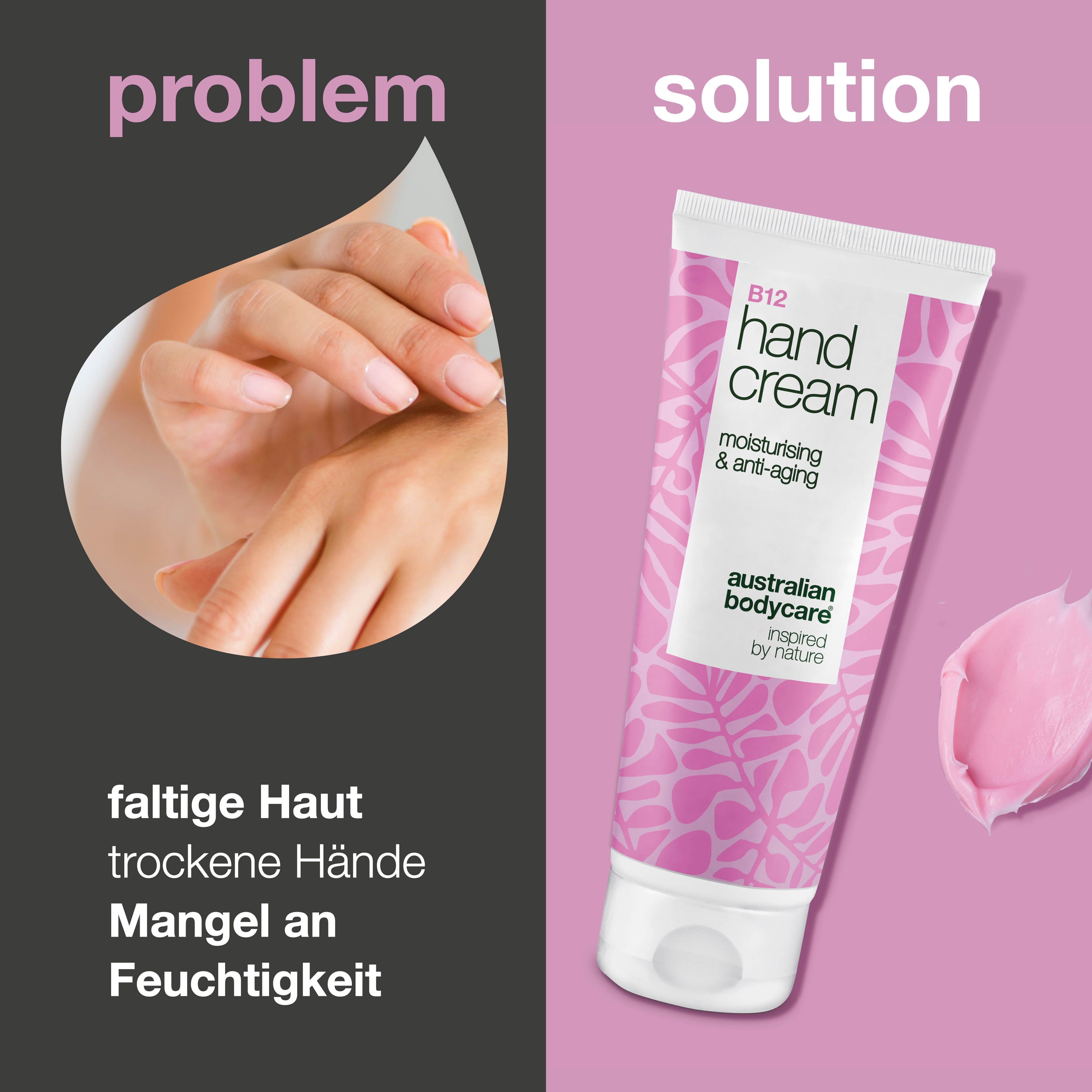 Hände mit trockener Haut. Rechts: Tube Handcreme, rosa Muster, Text: B12 Hand Cream, Australian Bodycare. Klecks Creme.