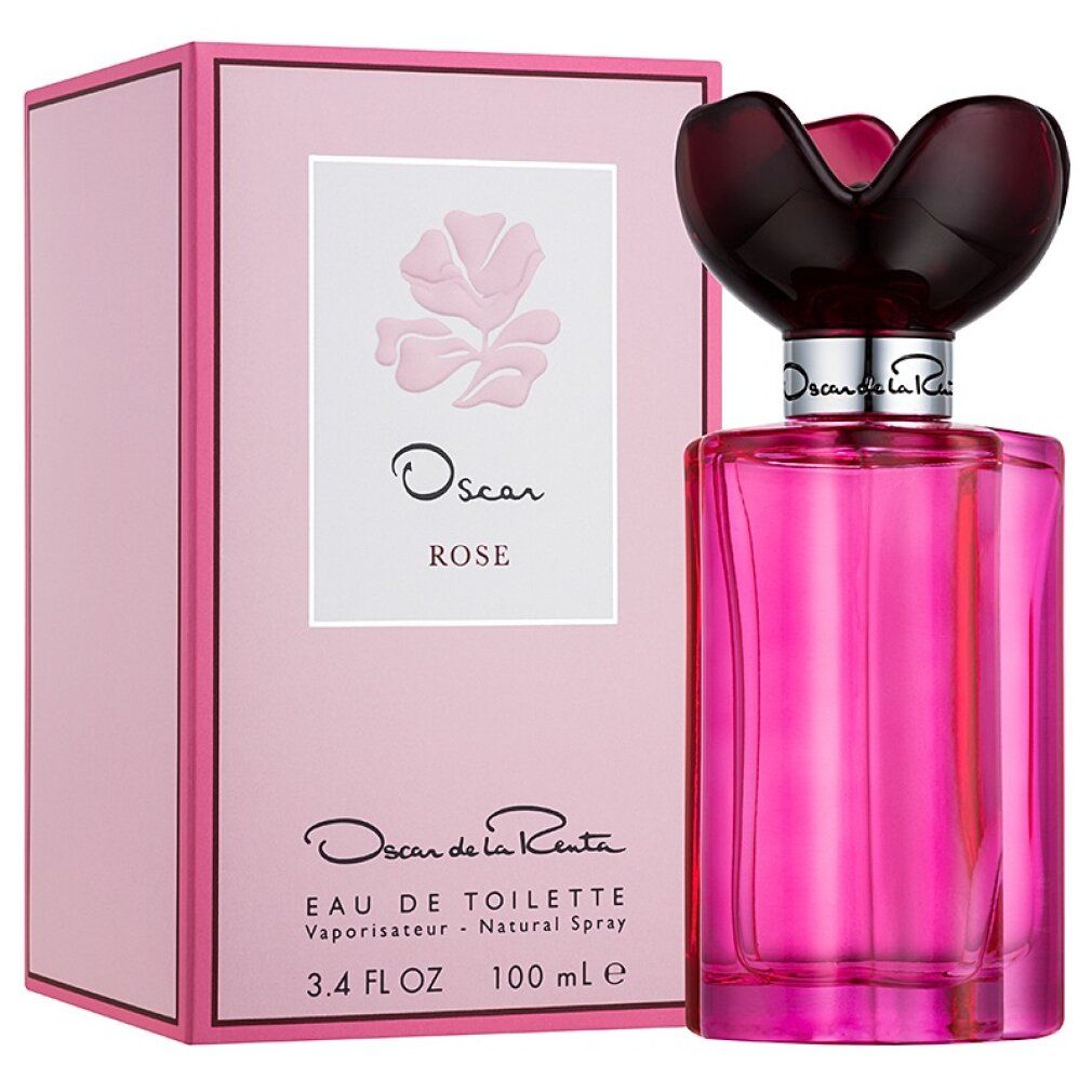Rosa Flakon mit schwarzem Blütenverschluss und rosa Verpackung. Auf der Verpackung steht "Oscar Rose Eau de Toilette".
