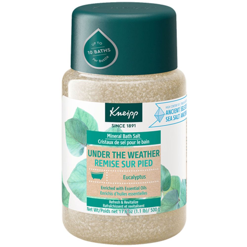 Zylindrische Dose mit Badesalz. Etikett mit Produktnamen, Eukalyptus-Illustration und Kneipp-Logo. Deckel in Grün.