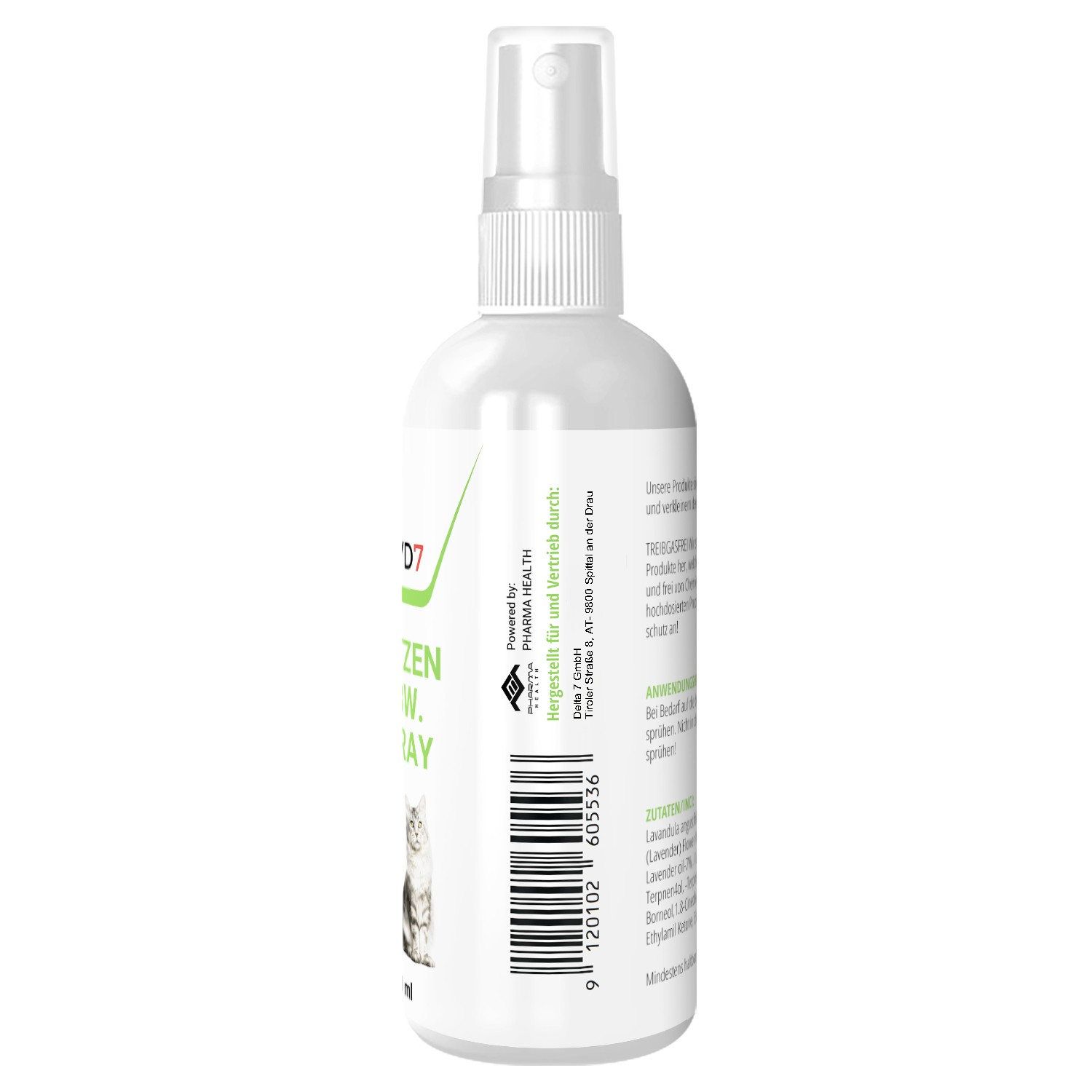 Rückseite einer weißen Sprühflasche. Text: Herstellerinformationen, Barcode.