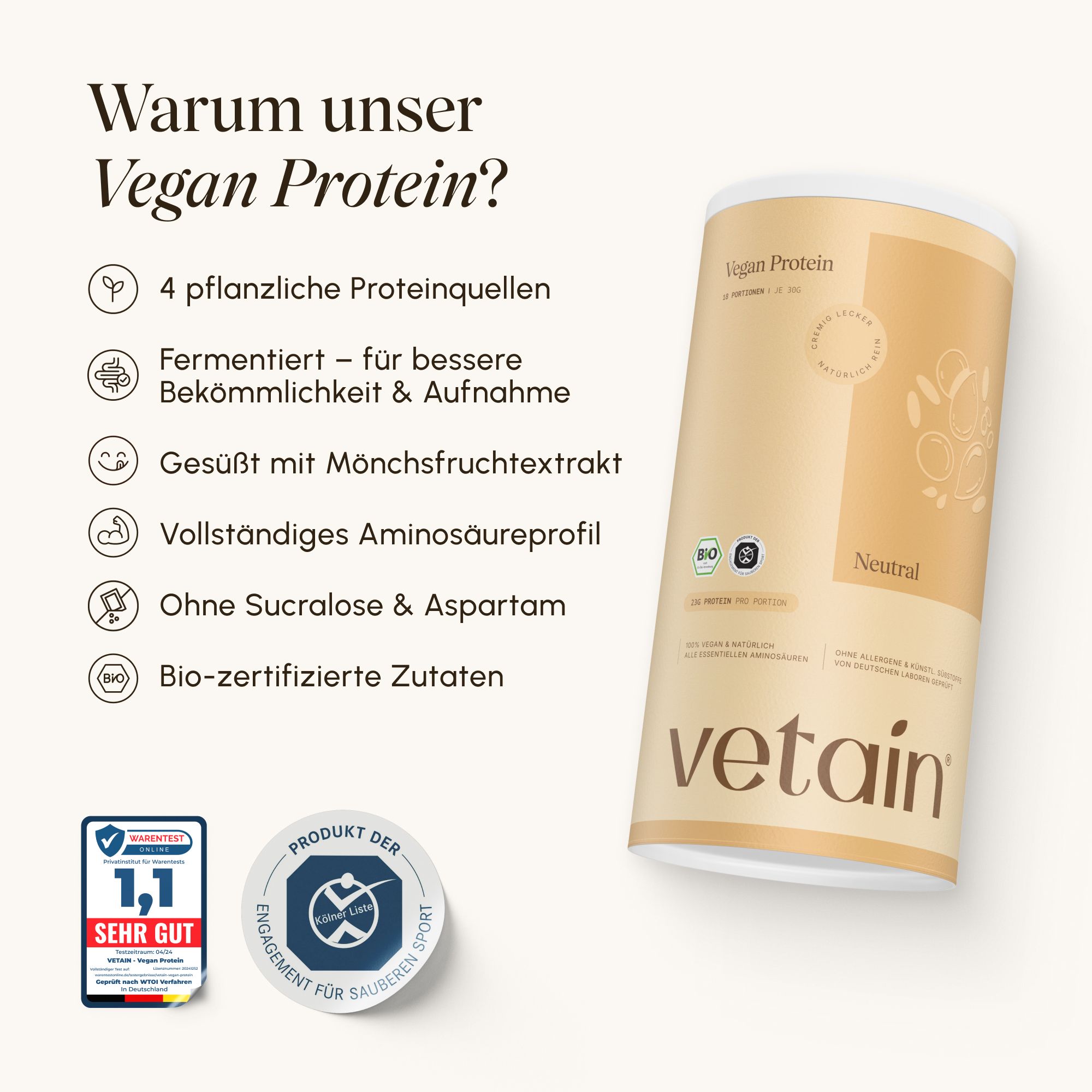 VETAIN Vegan Protein Dose. Bio-zertifiziert, ohne Zuckerzusatz, 22g Protein pro Portion.