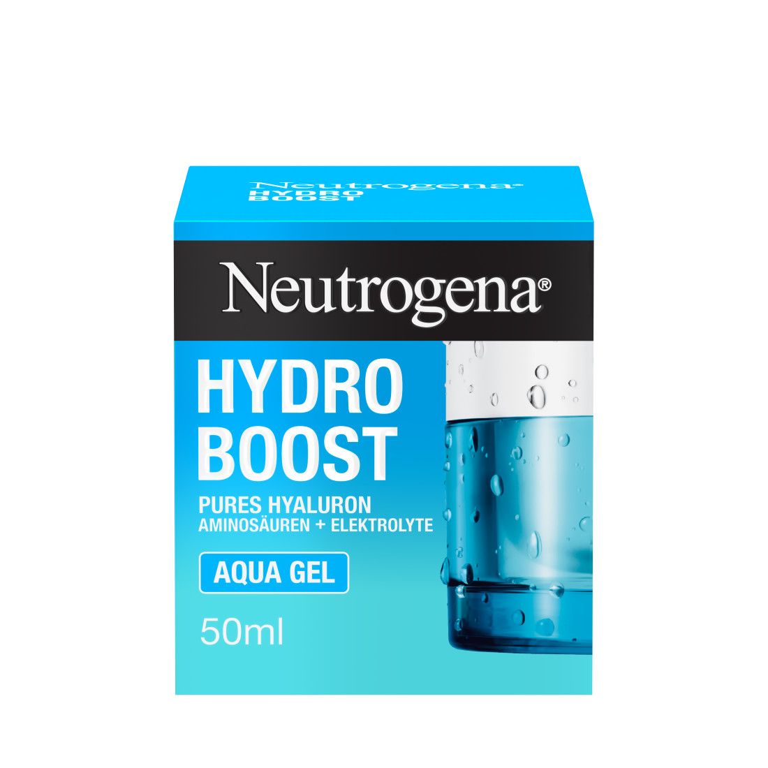 Neutrogena Hydro Boost Aqua Gel Verpackung. Blaue Schachtel mit Produktabbildung. Text: Hydro Boost, Aqua Gel, 50ml.