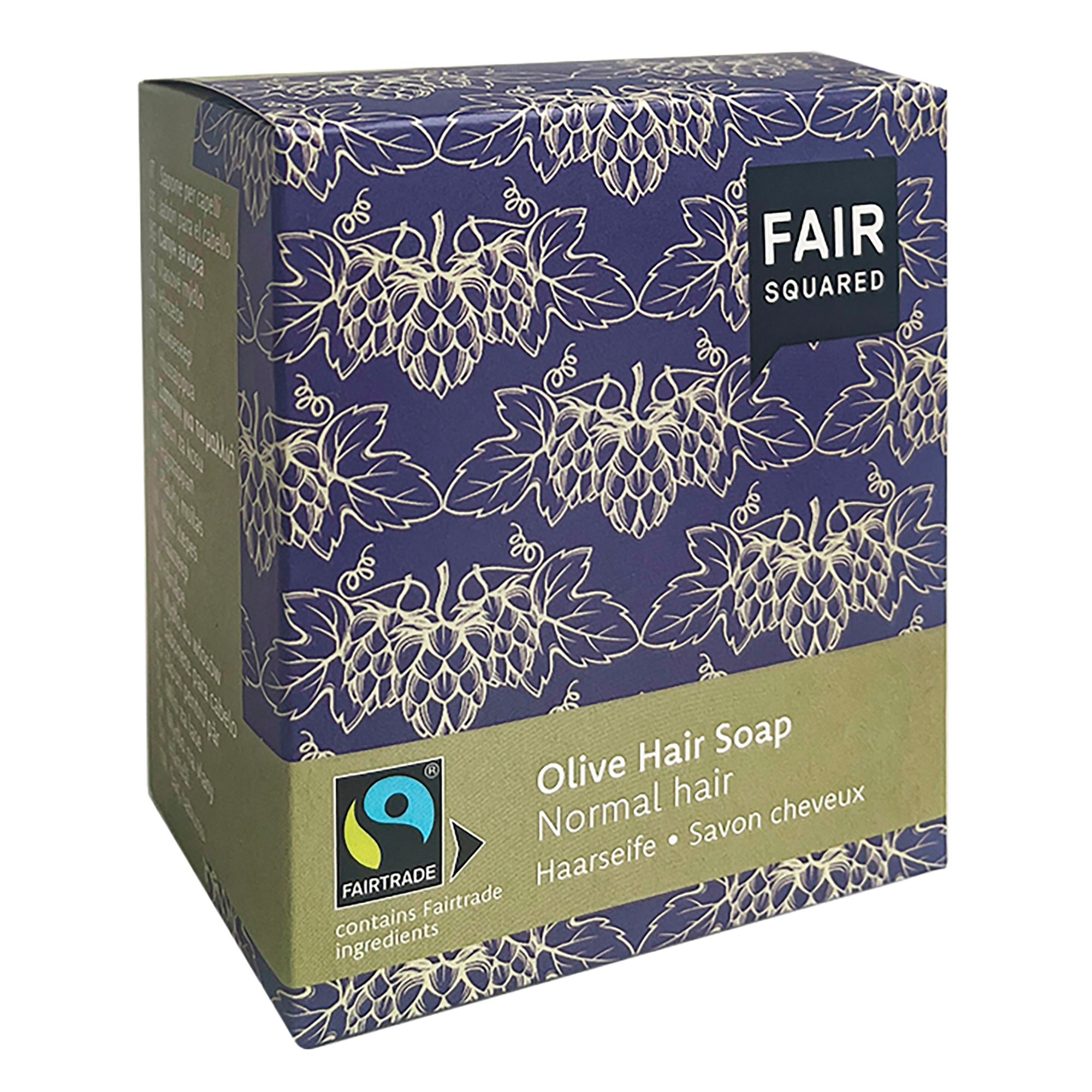 Karton mit Traubenmuster. FAIR SQUARED Logo, Olive Hair Soap, Normales Haar, Fairtrade-Siegel. Ansicht von vorne.