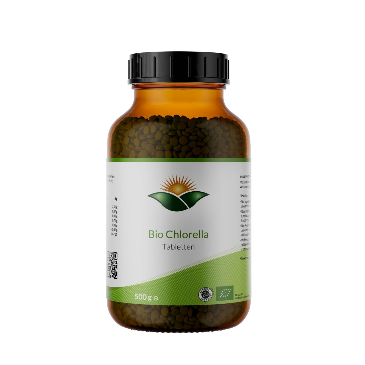 Braune Glasflasche mit grünen Tabletten. Etikett mit Text: Bio Chlorella Tabletten. Schwarzer Deckel.