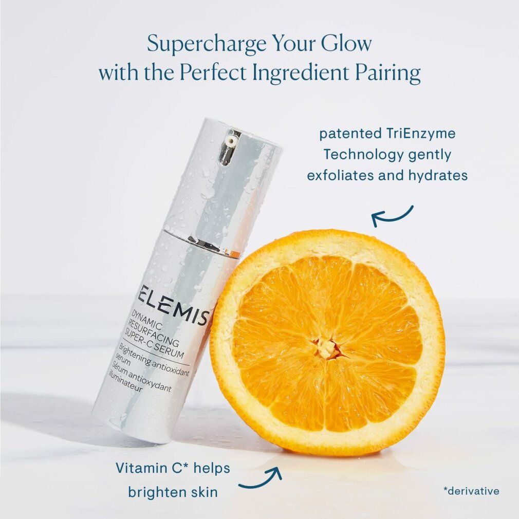 Silberne Serumflasche neben einer halbierten Orange. Text: Elemis Dynamic Resurfacing Super-C Serum, Vitamin C.