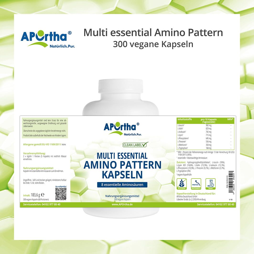 Flasche APOrtha® Multi essential Amino Pattern Kapseln mit Etikett. Nährwertangaben und Inhaltsstoffe sind sichtbar.