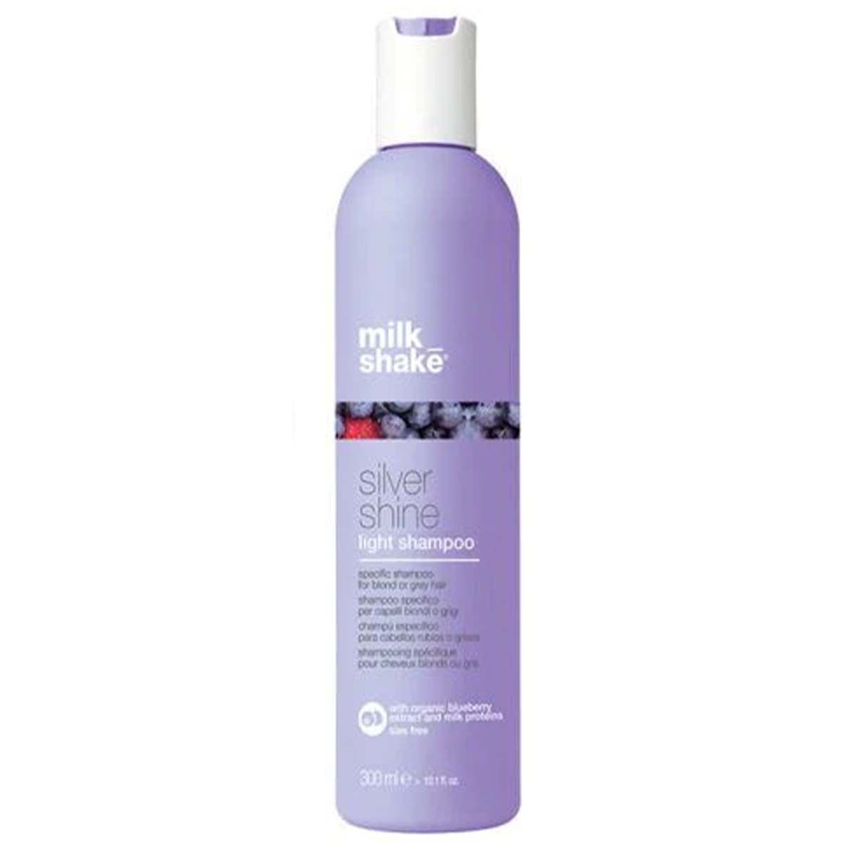 Milchshake Silver Shine Light Shampoo Flasche, 300ml. Lilla Flasche mit weißem Deckel.