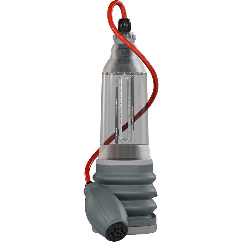 Bathmate HydroXtreme8 Clear Pumpe mit rotem Schlauch und Pumpe.