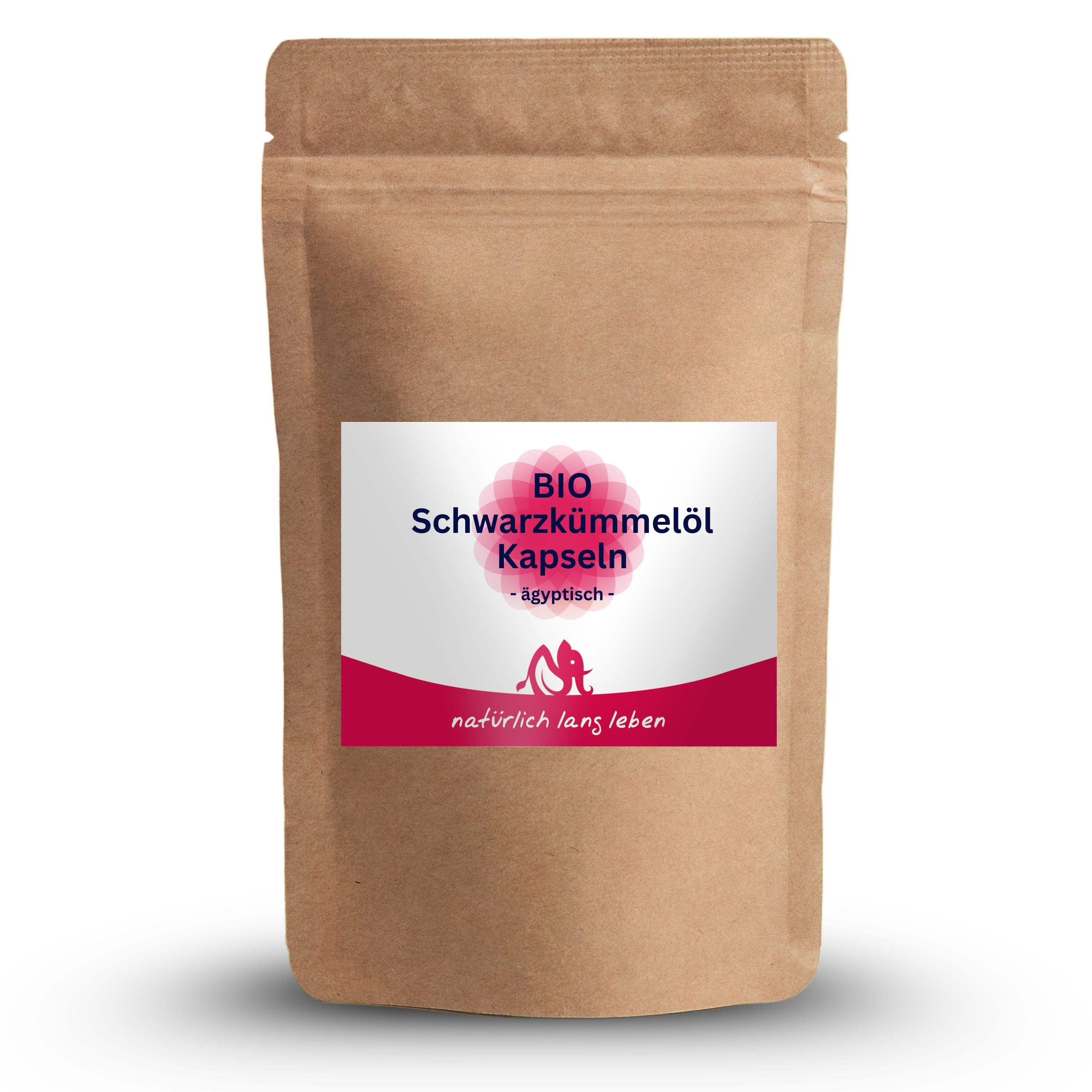 Braune Papiertüte mit Etikett: BIO Schwarzkümmelöl Kapseln – ägyptisch – natürlich lang leben.