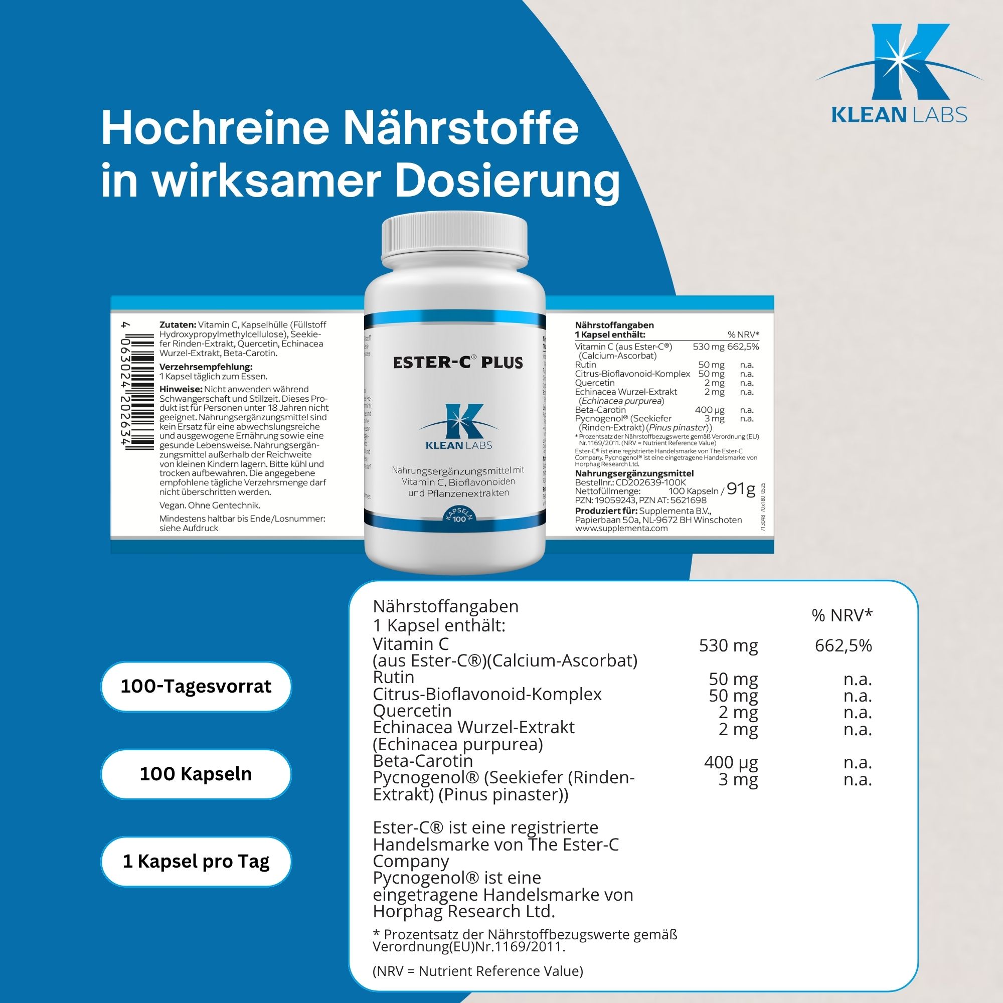 Weiße Flasche ESTER-C PLUS, Infografik. Nährwertangaben: Vitamin C, Rutin, Citrus-Bioflavonoid-Komplex, Quercetin, Beta-Carotin.