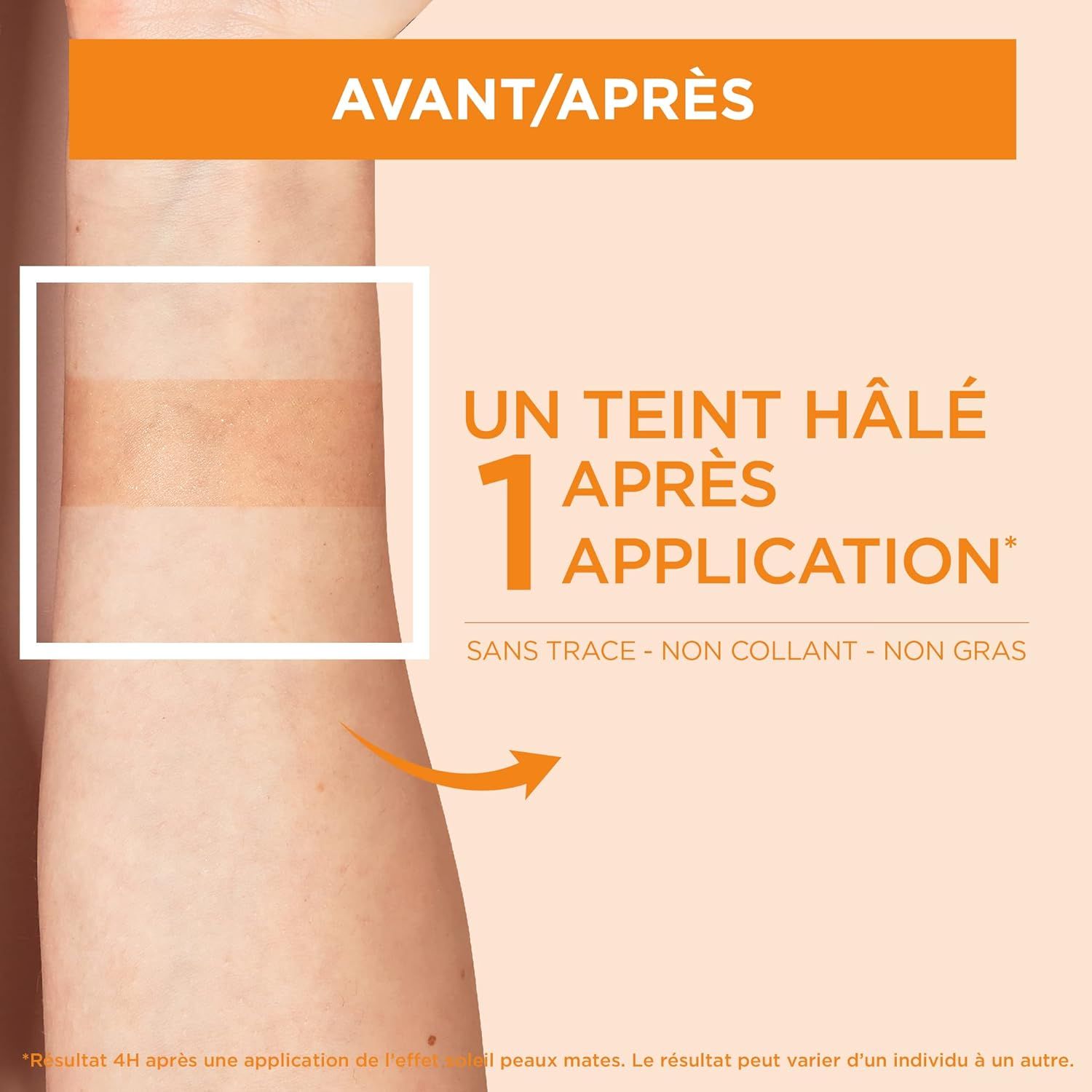 Arm mit drei gebräunten Hautstreifen. Text: Ein gebräunter Teint nach 1 Anwendung. Ohne Flecken, nicht klebrig, nicht fettend.