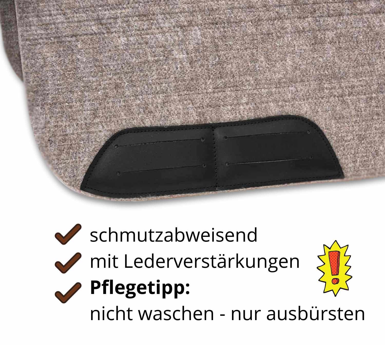Detail der Filzschabracke mit schwarzen Lederverstärkungen. Text: schmutzabweisend, mit Lederverstärkungen, Pflegetipp: nicht waschen.