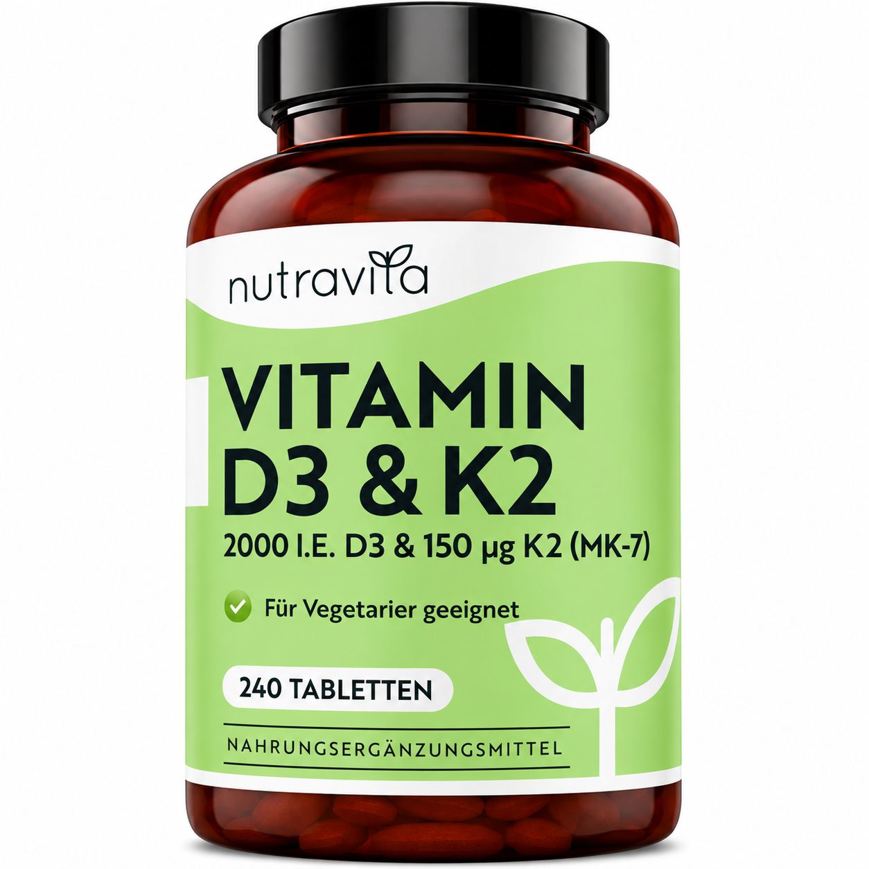 Nutravita Vitamin D3 & K2 Flasche mit 240 Tabletten, für Vegetarier geeignet.