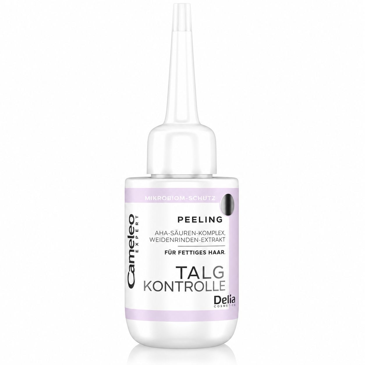 Ein weißer Spender mit spitzem Applikator und der Aufschrift „Peeling Talg Kontrolle“.