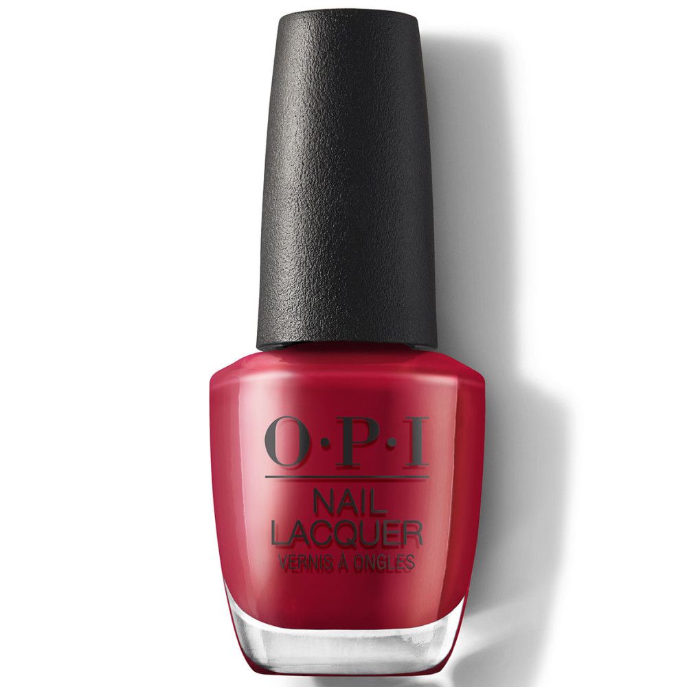 OPI Nagellacke Flasche. Rote Farbe. Schwarzer Deckel. Aufschrift: OPI Nail Lacquer.