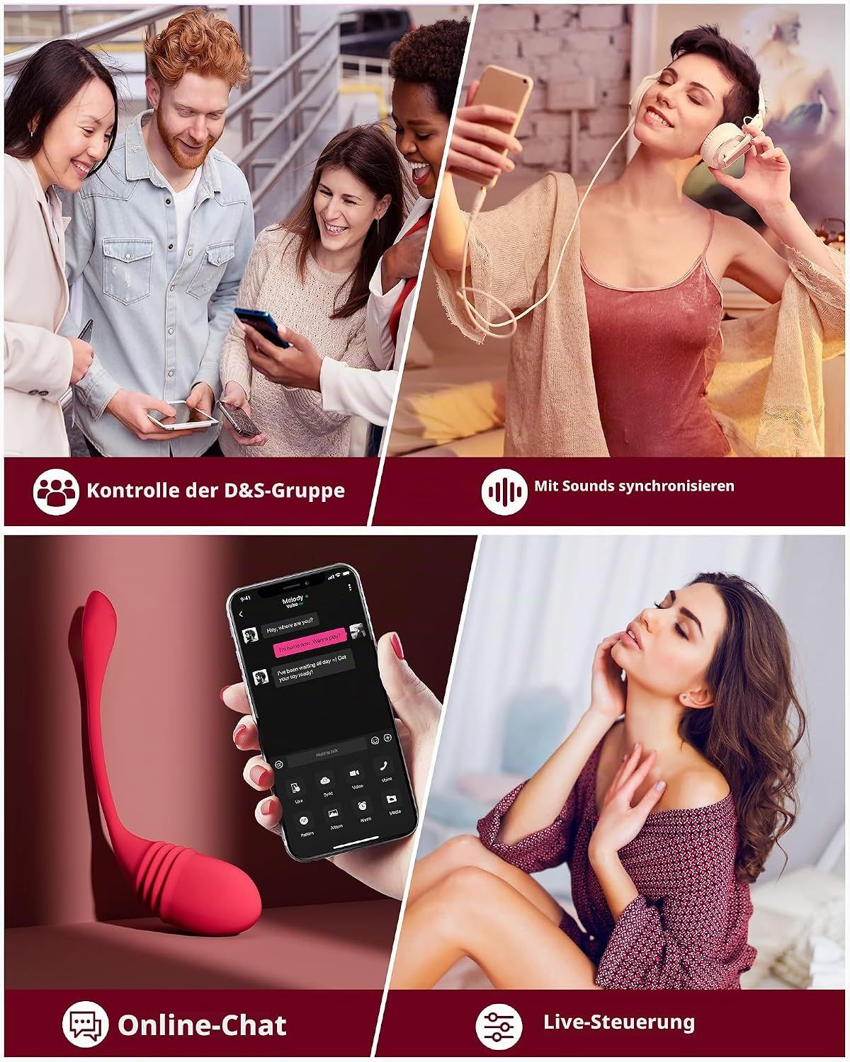 App-gesteuerter, rosa Vibrator mit detaillierten Abmessungen und Ansichten.