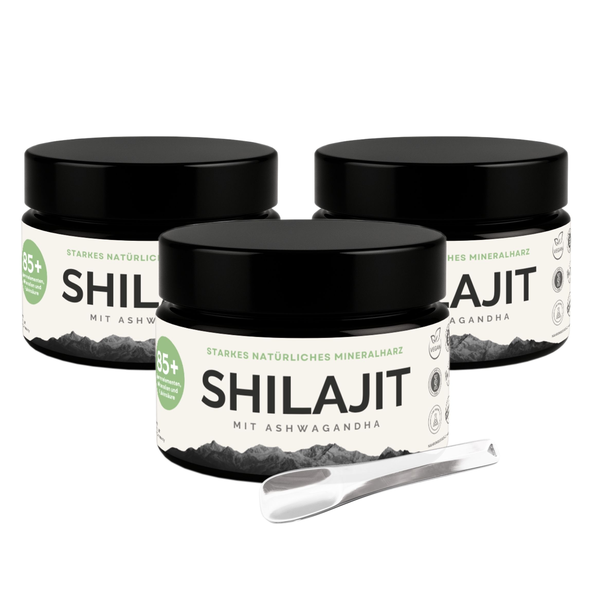 Drei Gläser Shilajit mit Löffel. Shilajit mit Ashwagandha. Laborgeprüft.