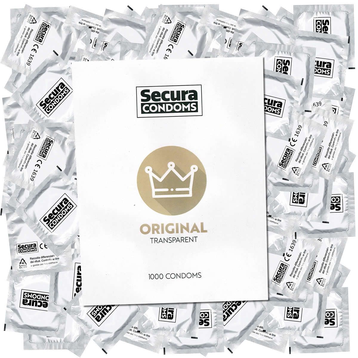 Einzeln verpackte Kondome, um ein Informationsblatt angeordnet. Auf dem Blatt steht "Secura Condoms", "Original Transparent" und "1000 Condoms".