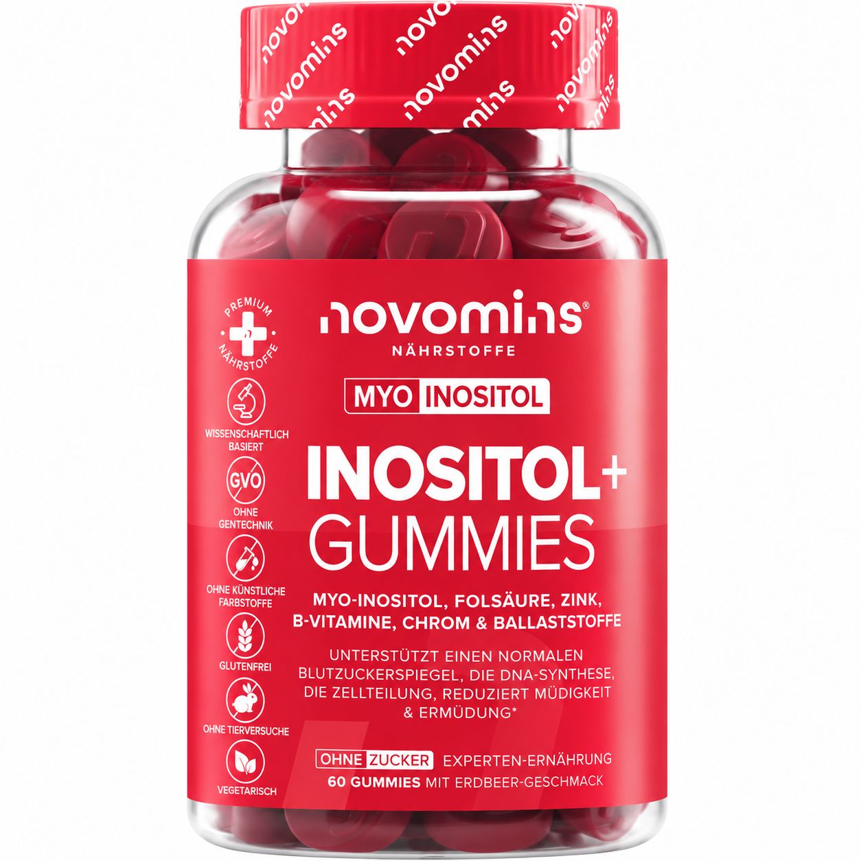 Roter Behälter mit "Novomins Inositol+ Gummies" Nahrungsergänzungsmittel, Himbeer-Hibiskus-Geschmack.